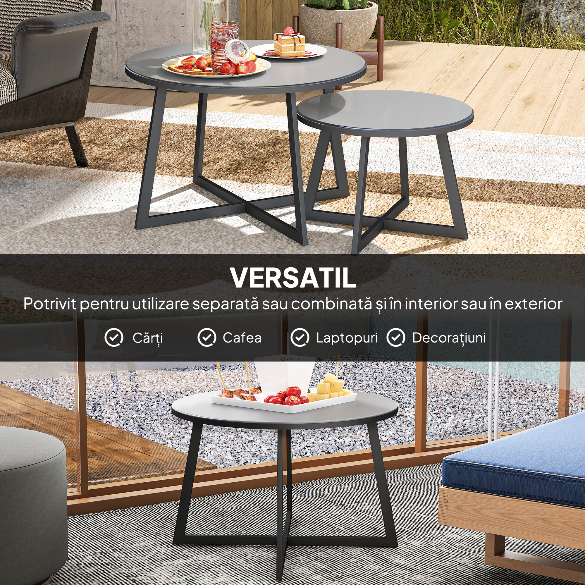  Set 2 Masute de Gradina cu Blat din Sticla Securizata, Ø70x45 cm, Gri [3]