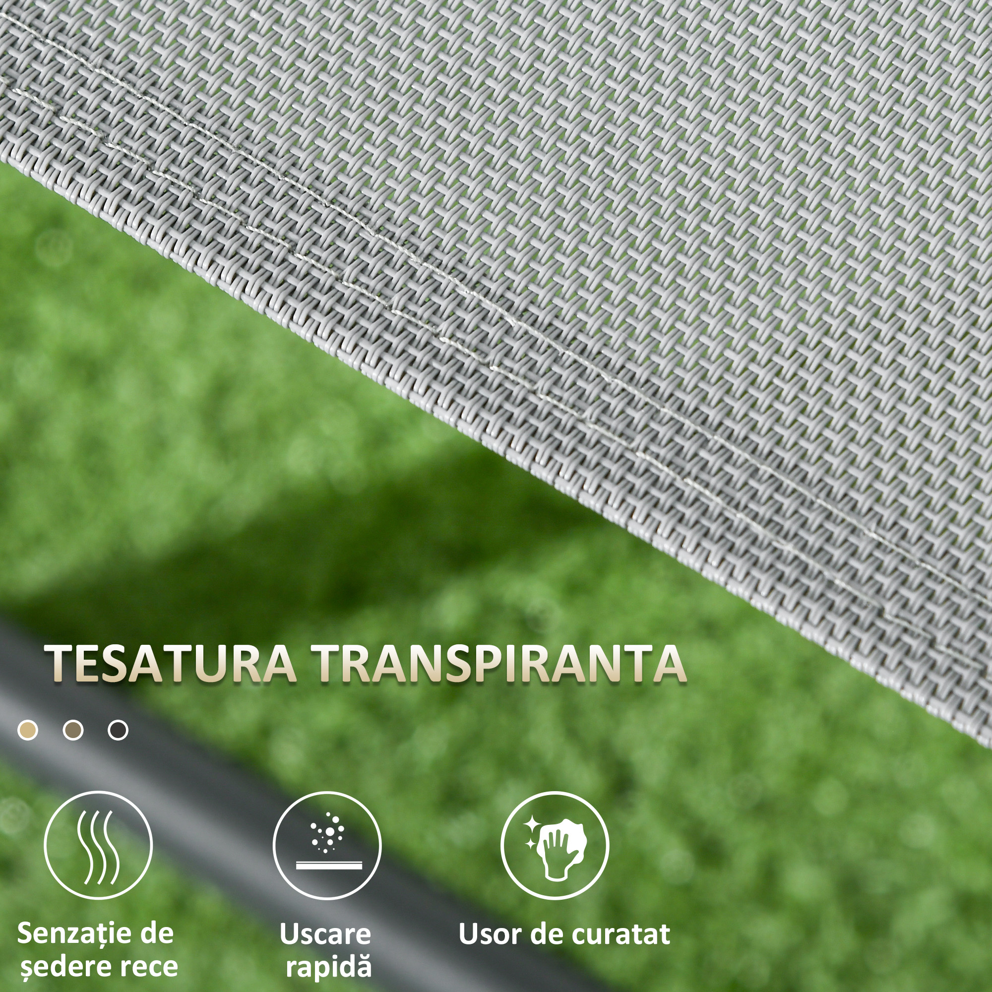  Set de Exterior din 3 Piese cu Masa cu Blat din Sticla si 2 Scaune Pliabile din Plasa, Ф45x50 cm, Gri Deschis [5]