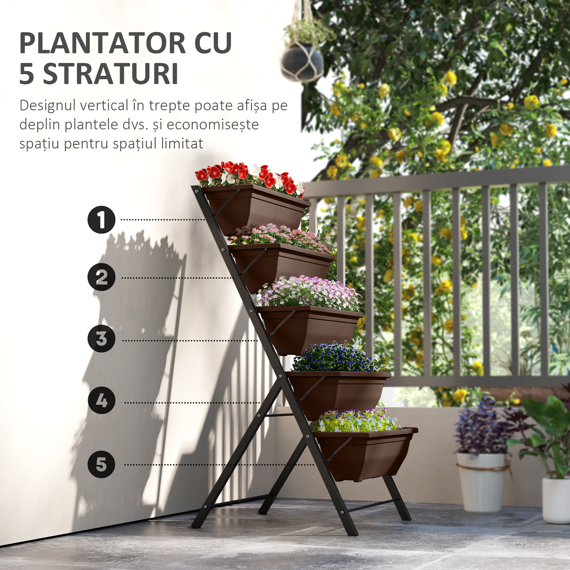  Suport pentru plante vertical pe 5 niveluri cu 5 ghivece cu orificii pentru drenaj, din otel si PE, 55x63x120 cm, maro [3]