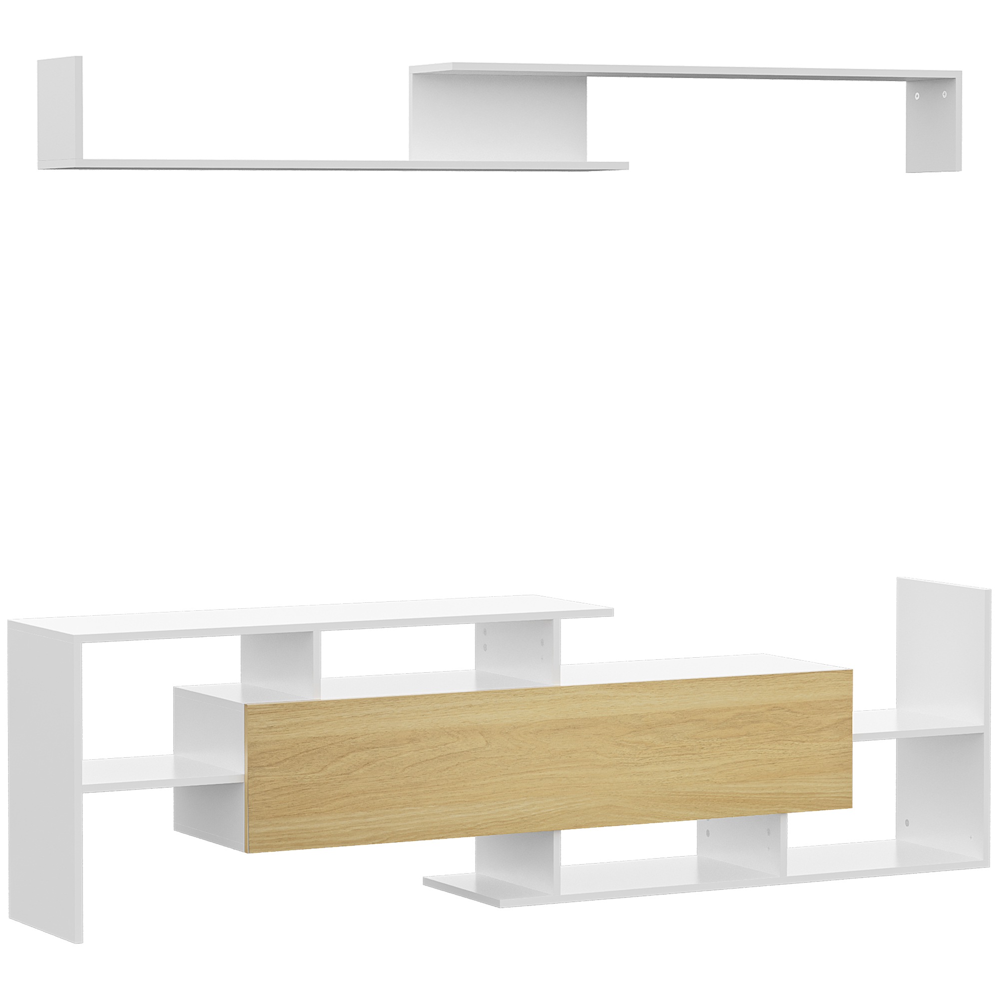Living & hol -  Mobilier TV 153,6×25×42 cm - Alb cu Rafturi si Dulap Perete