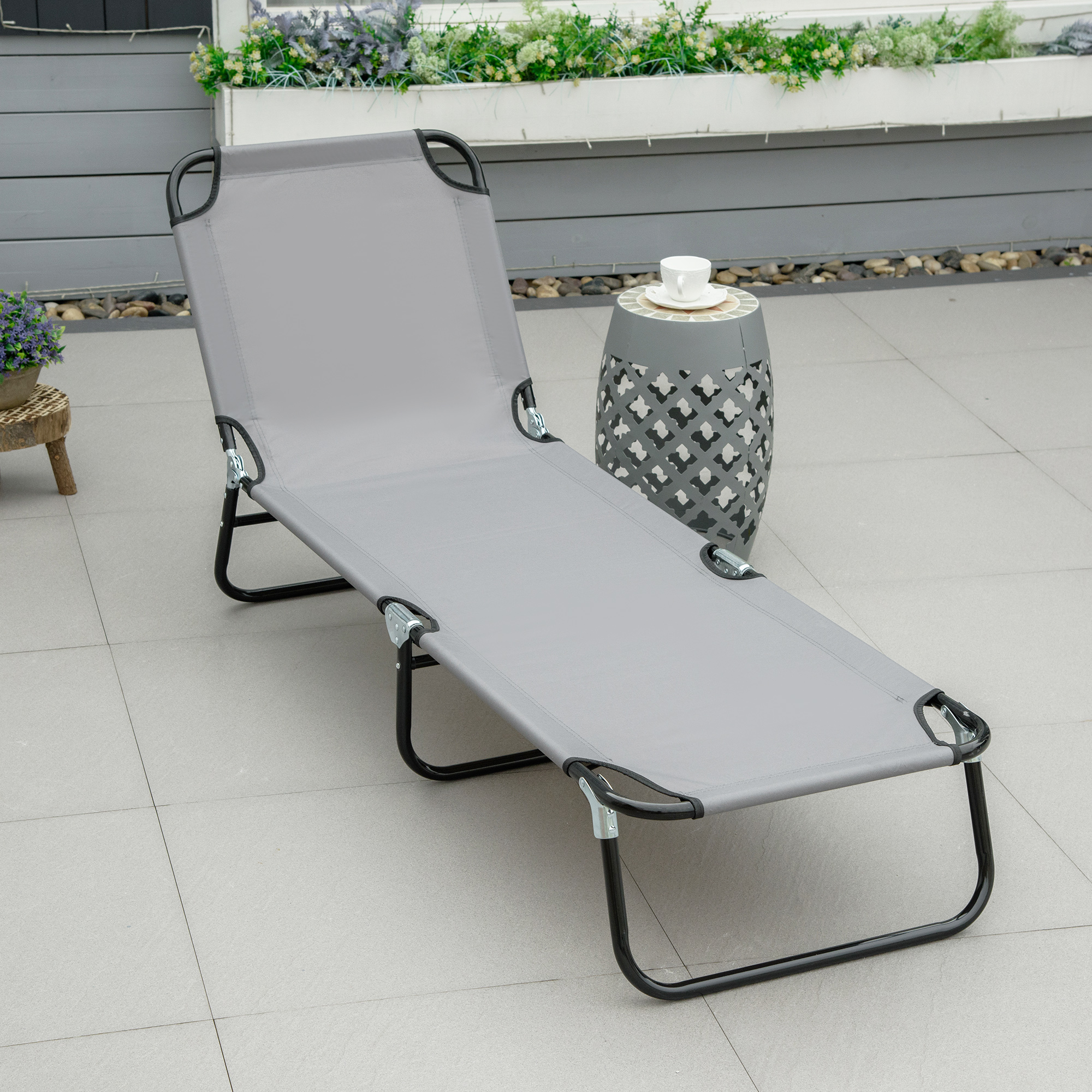 sezlong Pliabil cu Spatar Reglabil in 5 Pozitii, sezlong de Gradina cu Material Respirabil din tesatura Oxford, pentru Plaja, Piscina, Gradina, 188x56x28 cm, Gri [1]
