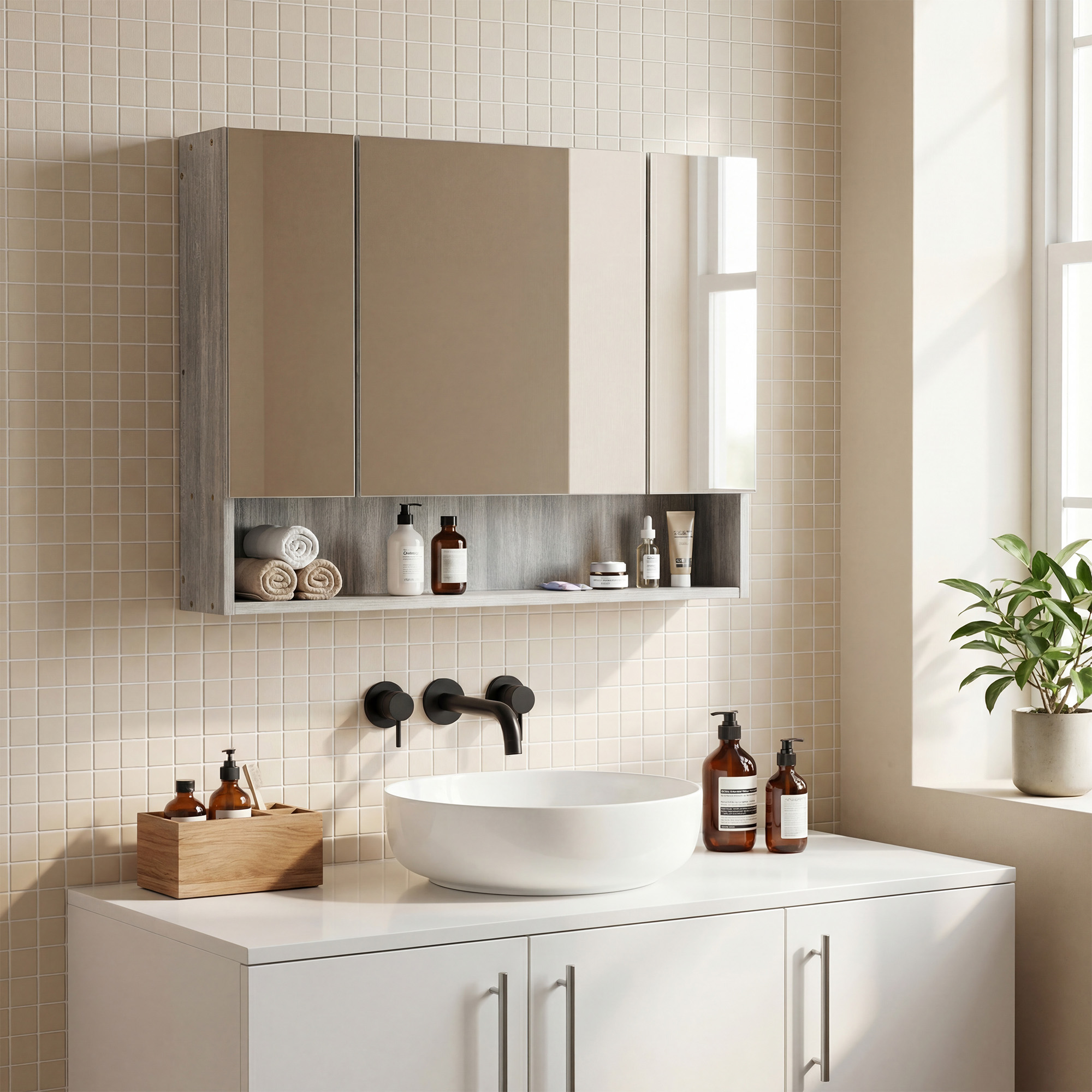  Dulap cu Oglinda, 4 Sectiuni, cu Rafturi Reglabile, din Lemn si Sticla, 90x15x75 cm, Gri [1]