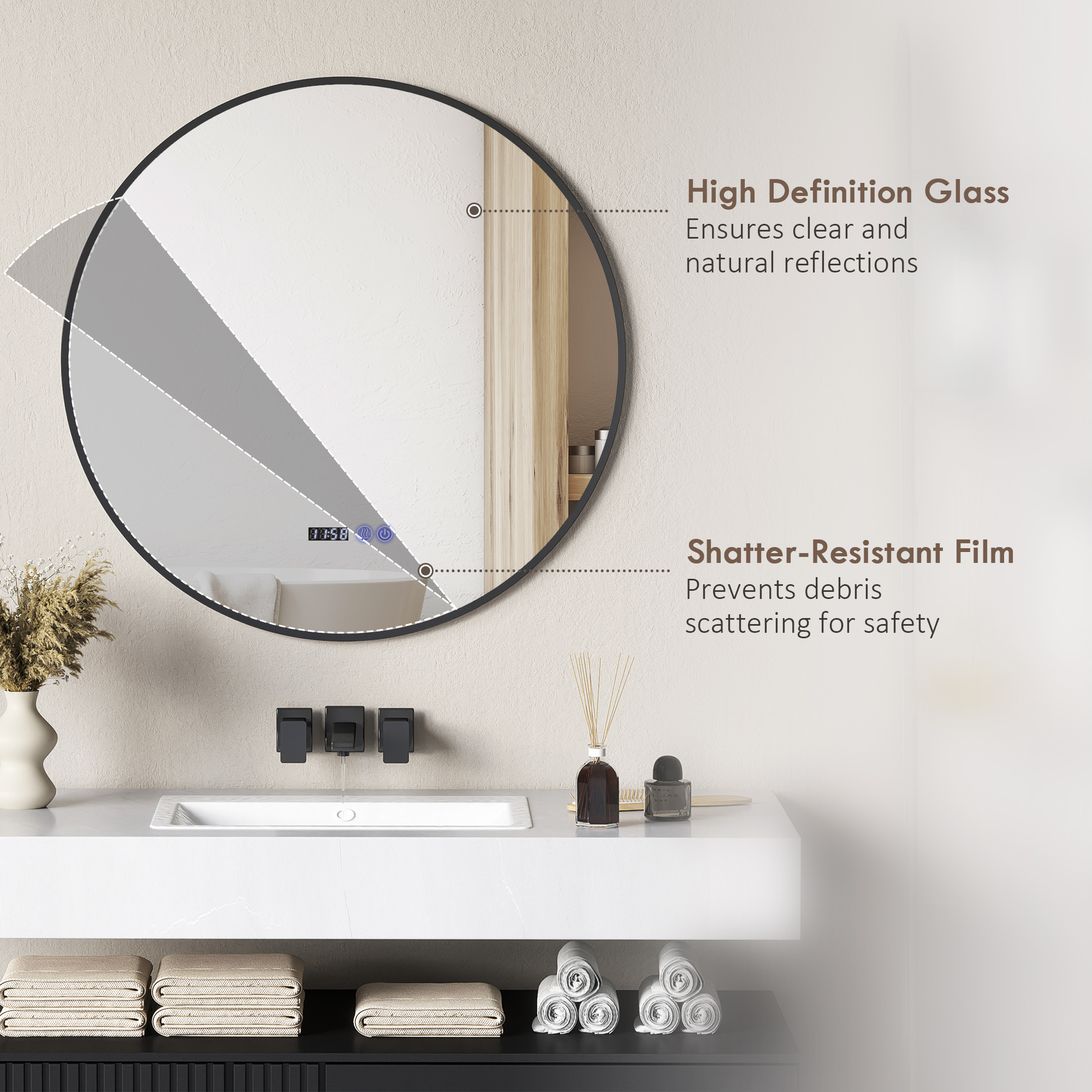  Oglinda de Baie Anti-Ceata cu Lumini LED Reglabile, Ø70x3 cm, Negru [6]