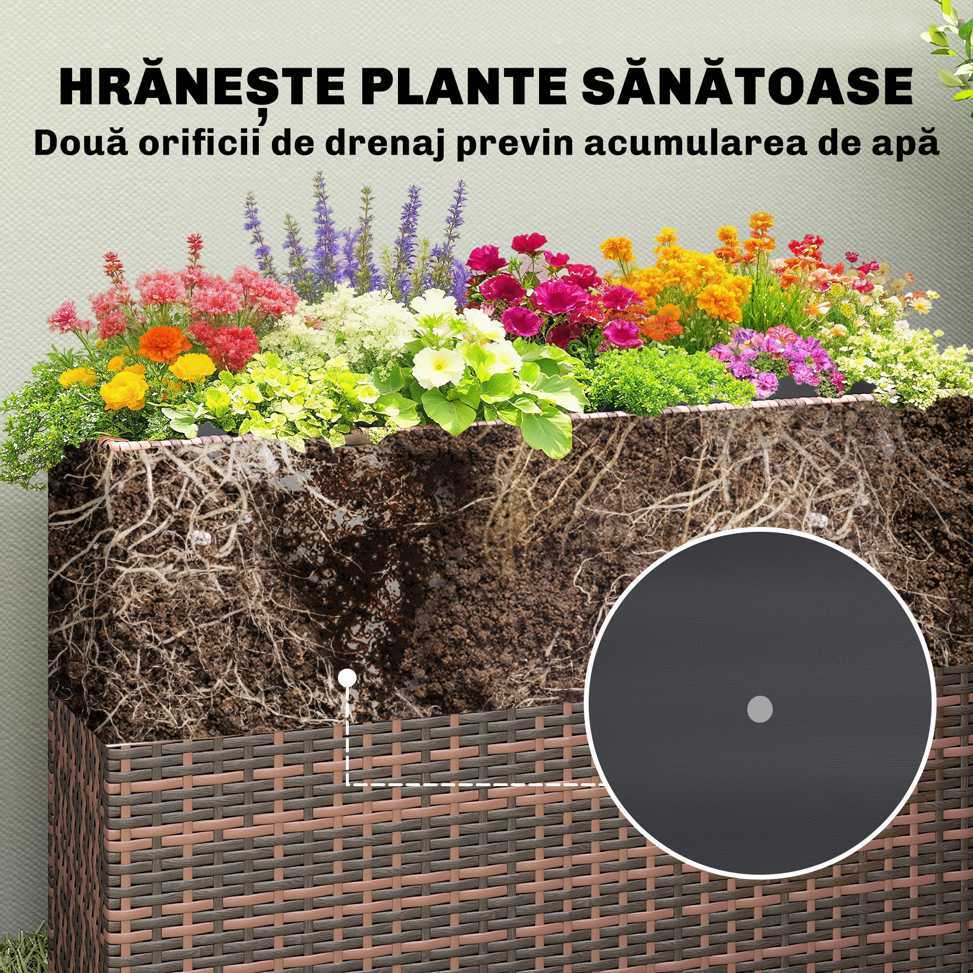  Ghiveci inaltat de Exterior de 45L din Ratan, cu Orificii de Drenaj si Picioare Reglabile, Maro [6]