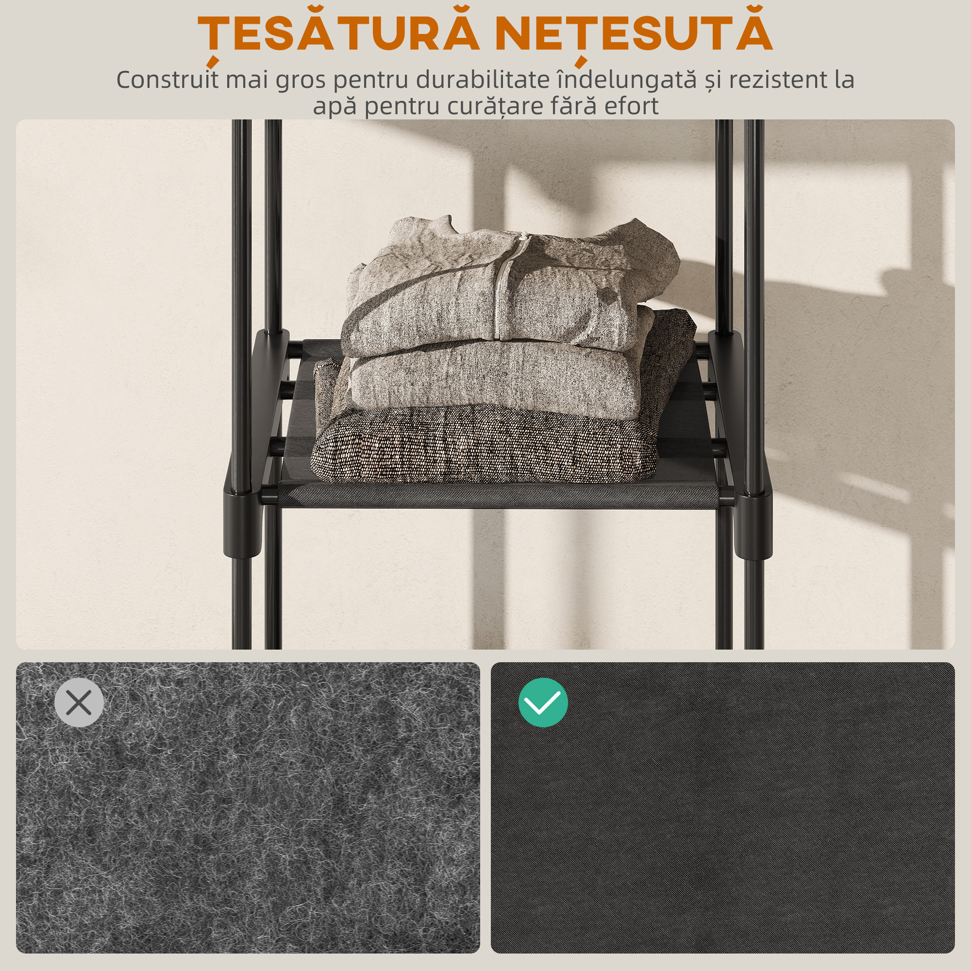  Dulap de Haine Portabil cu 2 Bare si 6 Rafturi, Dulap din Material Textil Non-tesut, Plastic si Otel, 111x43x185 cm, Negru [5]