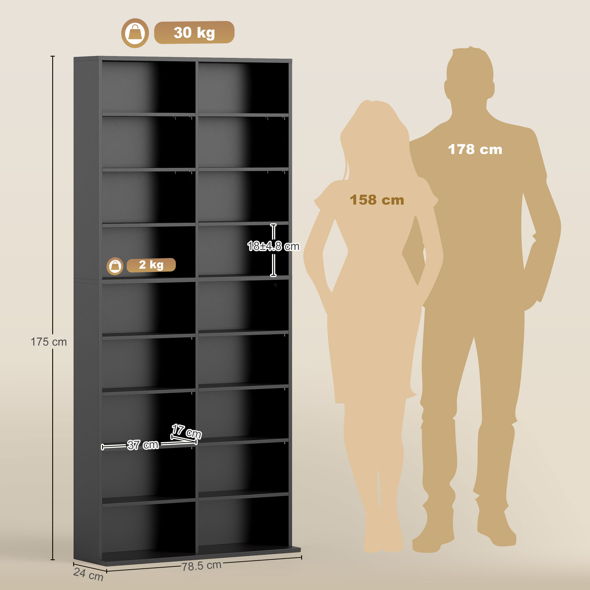  Raft pentru CD-uri cu 14 Rafturi Reglabile pentru 640 CD-uri/360 DVD-uri Negru [2]