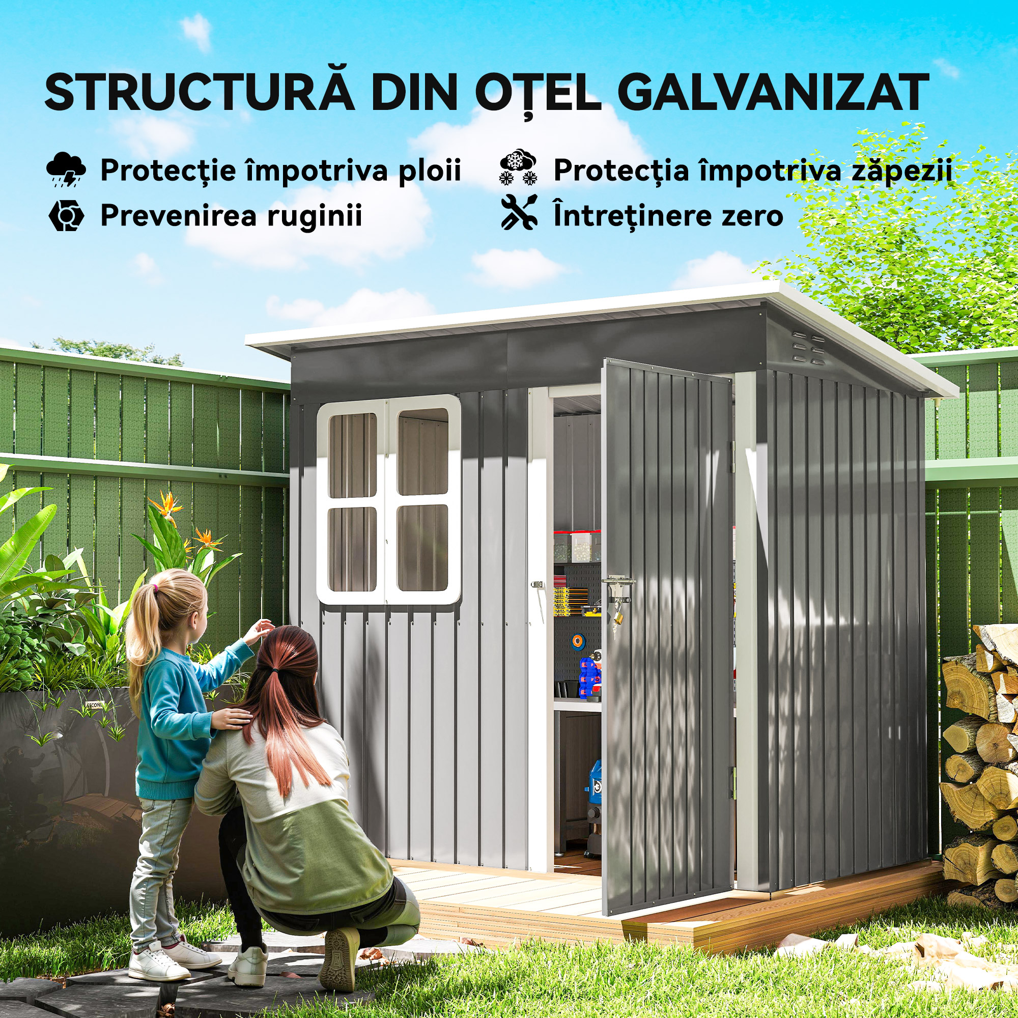  Magazie Gradina pentru unetele, cu Usa Larga si Fereastra, 221x133x190 cm, Gri inchis [3]