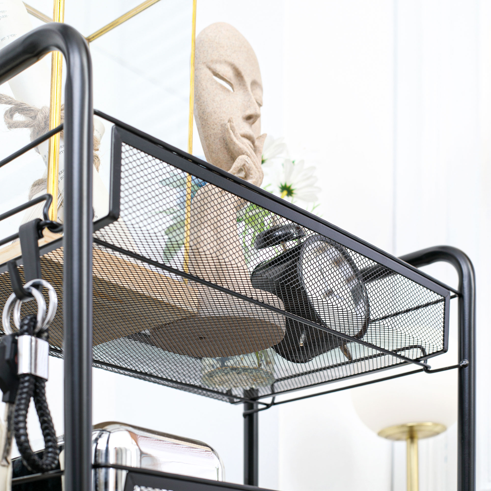  Carucior de bucatarie cu 3 niveluri cu cosuri detasabile si 4 roti, otel si plastic PP, 45Lx26,5x63cm, Negru [8]