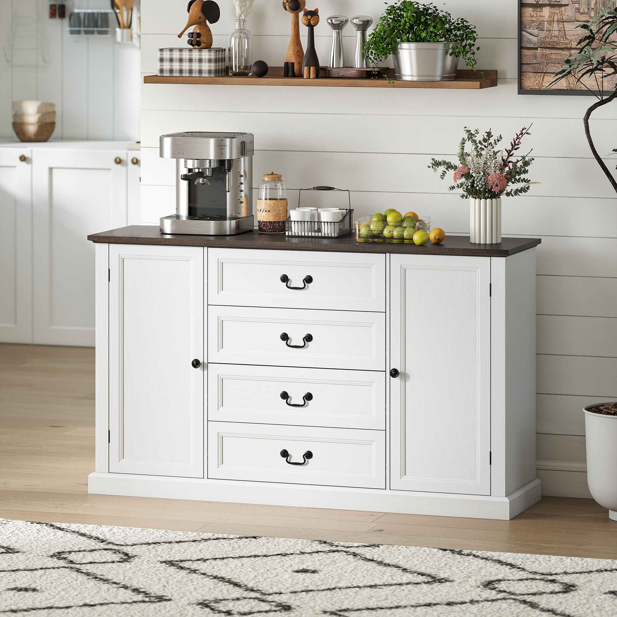  Credenta de Bucatarie, Mobilier de Bucatarie cu 4 Sertare Soft Close, Blat Gros, Bufet cu Rafturi Reglabile, Stil Rustic, pentru Sufragerie, Sala de Mese, 147x40x87 cm, Alb [1]