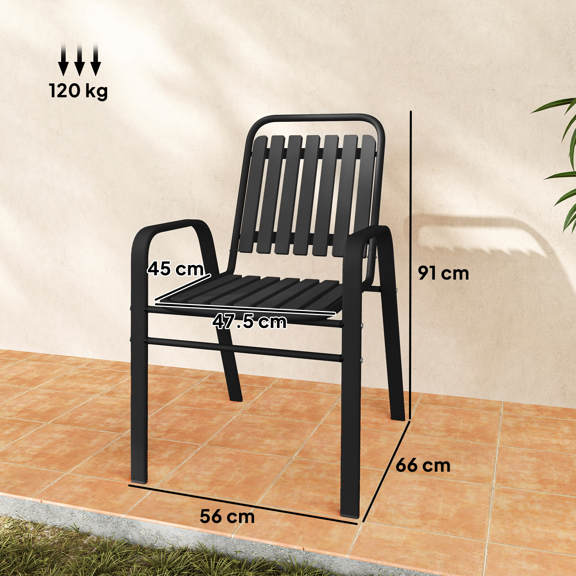  Set 4 Scaune de Gradina Stivuibile Scaune de Exterior 56x66x91 cm Negru [2]