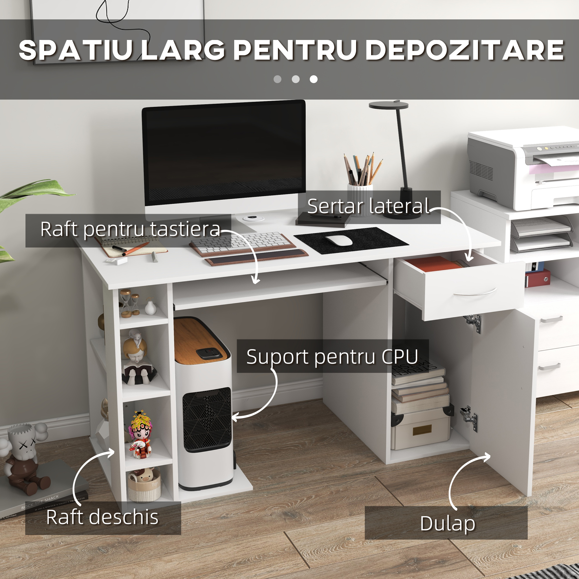  Birou PC Ergonomic - Alb, Cu Rafturi & Blat Tastatura [3]