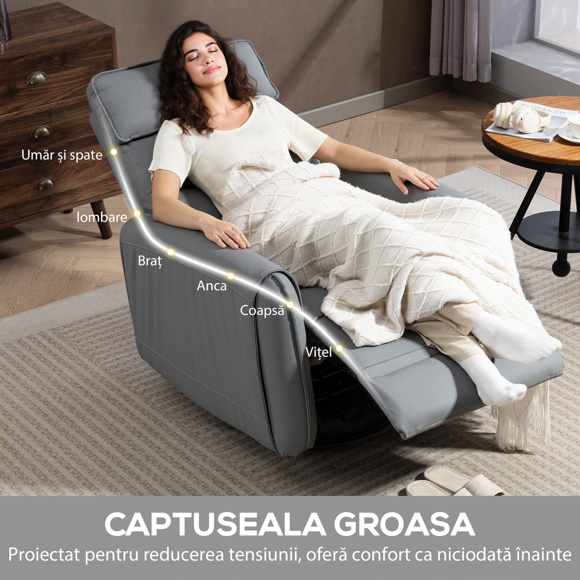  Fotoliu Relax Reglabil Manual cu Suport pentru Picioare, Tapiterie cu Efect de Piele si Baza Rotativa, Gri [8]