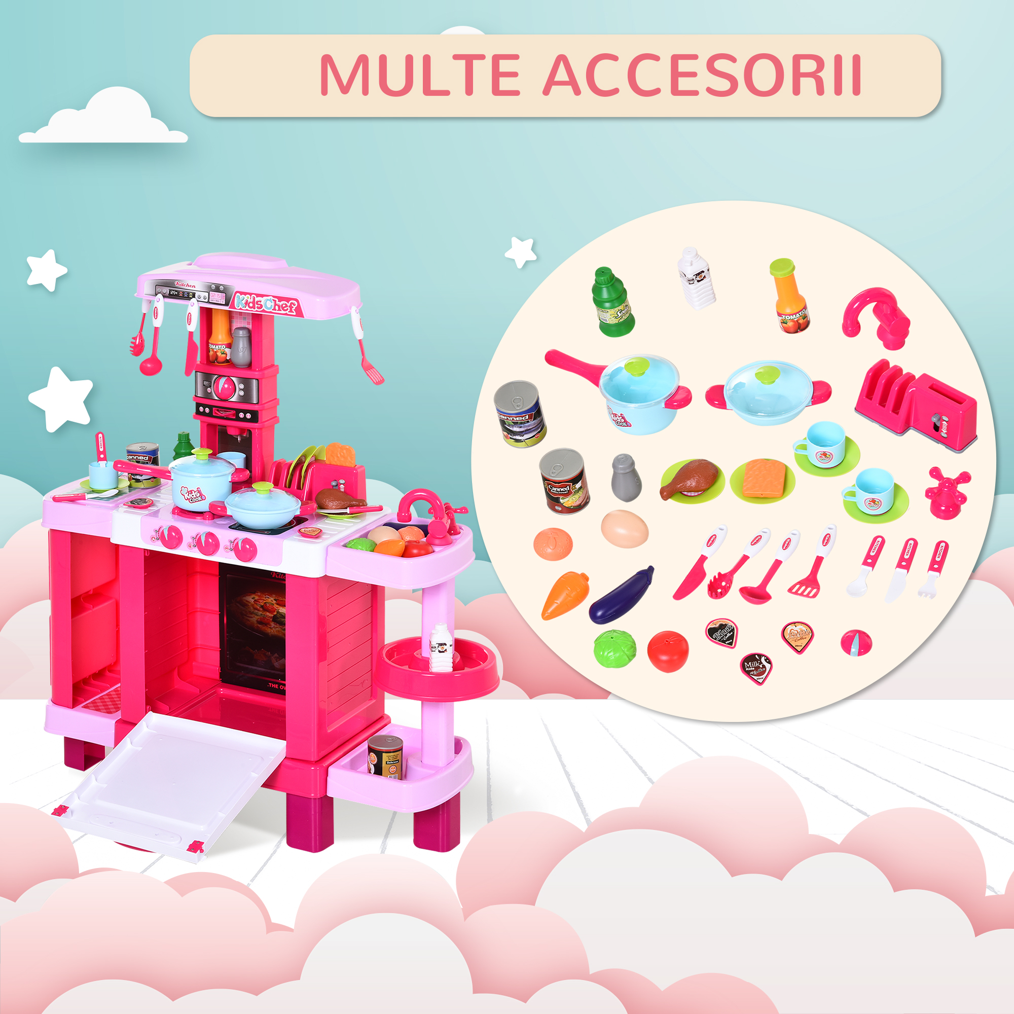  Bucatarie Jucarie pentru Copii cu 38 Accesorii Incluse , Jucarie cu Lumini si Sunete Realistice, 78x29x87cm,Roz [6]