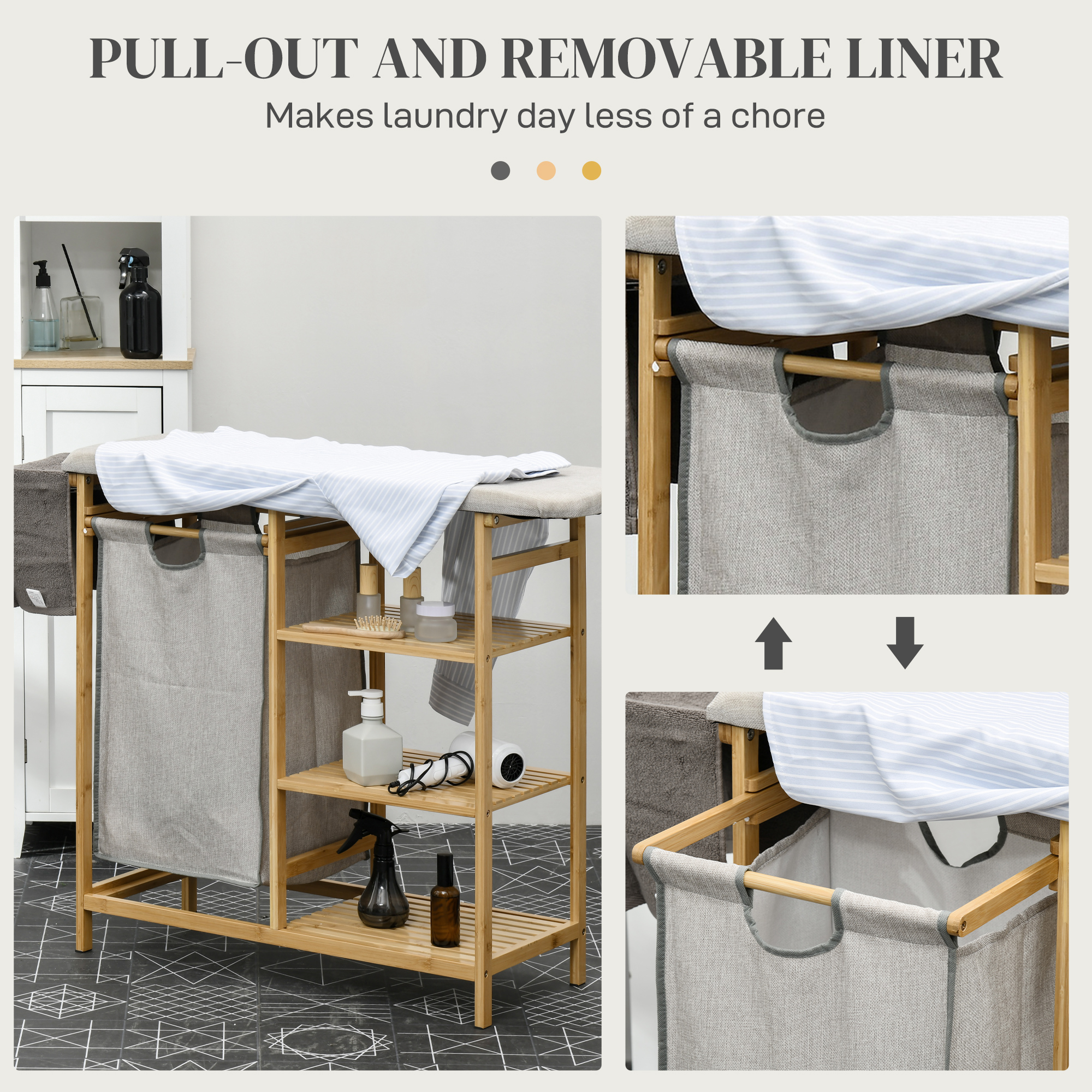  Cos pentru rufe din bambus si poliester cu masa de calcat si raft cu 3 niveluri, 113x34x82 cm [5]