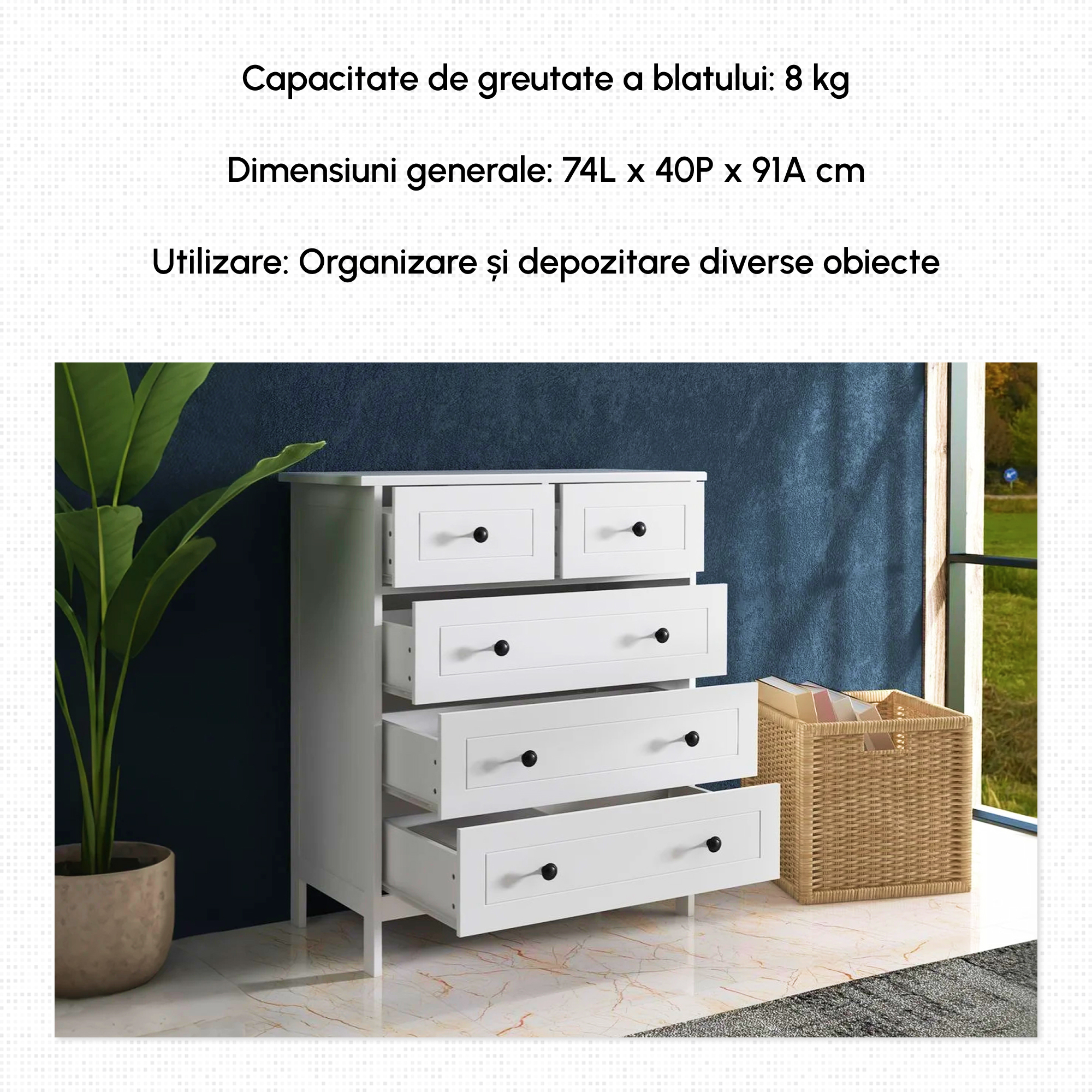  Comoda cu 5 Sertare cu Manere, Alb [5]