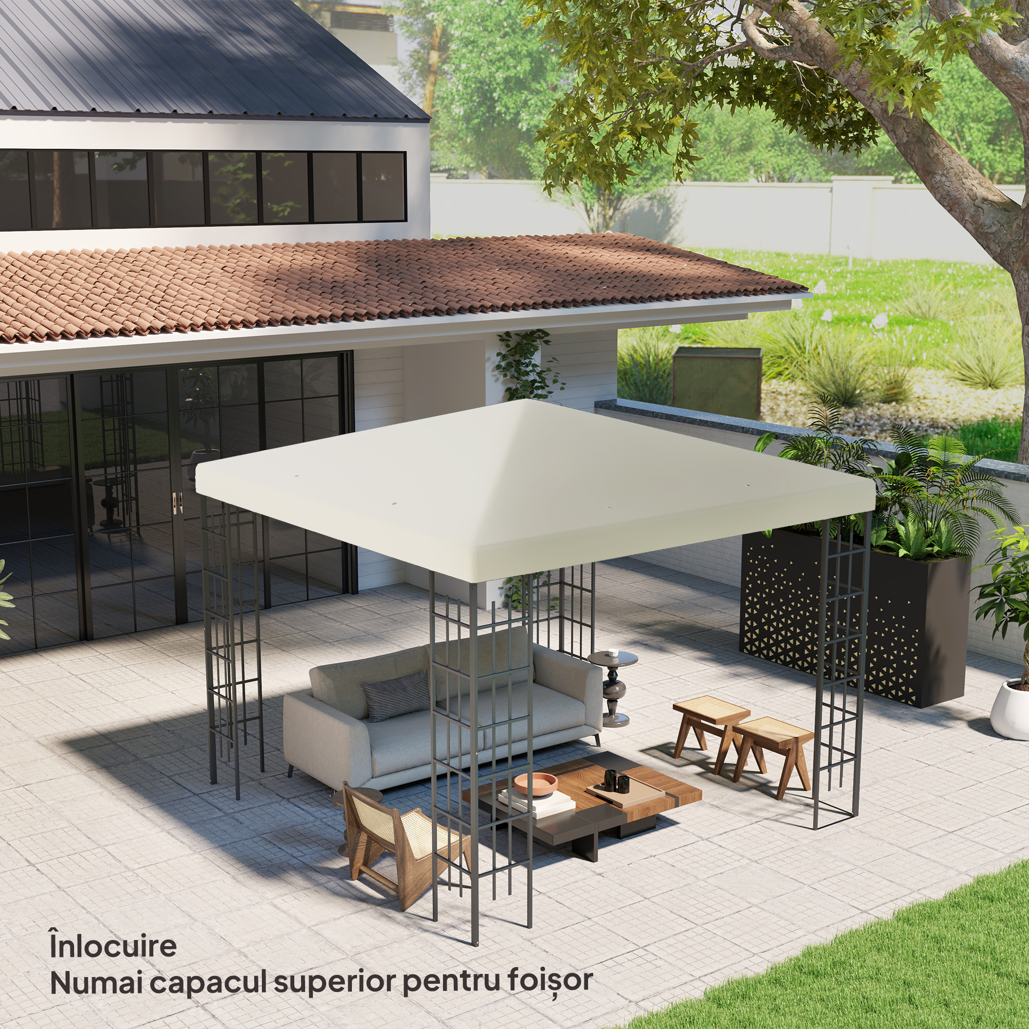  Acoperis pentru Gazebo de Gradina 3x3 m din Material Oxford 600D cu Orificii de Drenaj, Alb Crem [6]