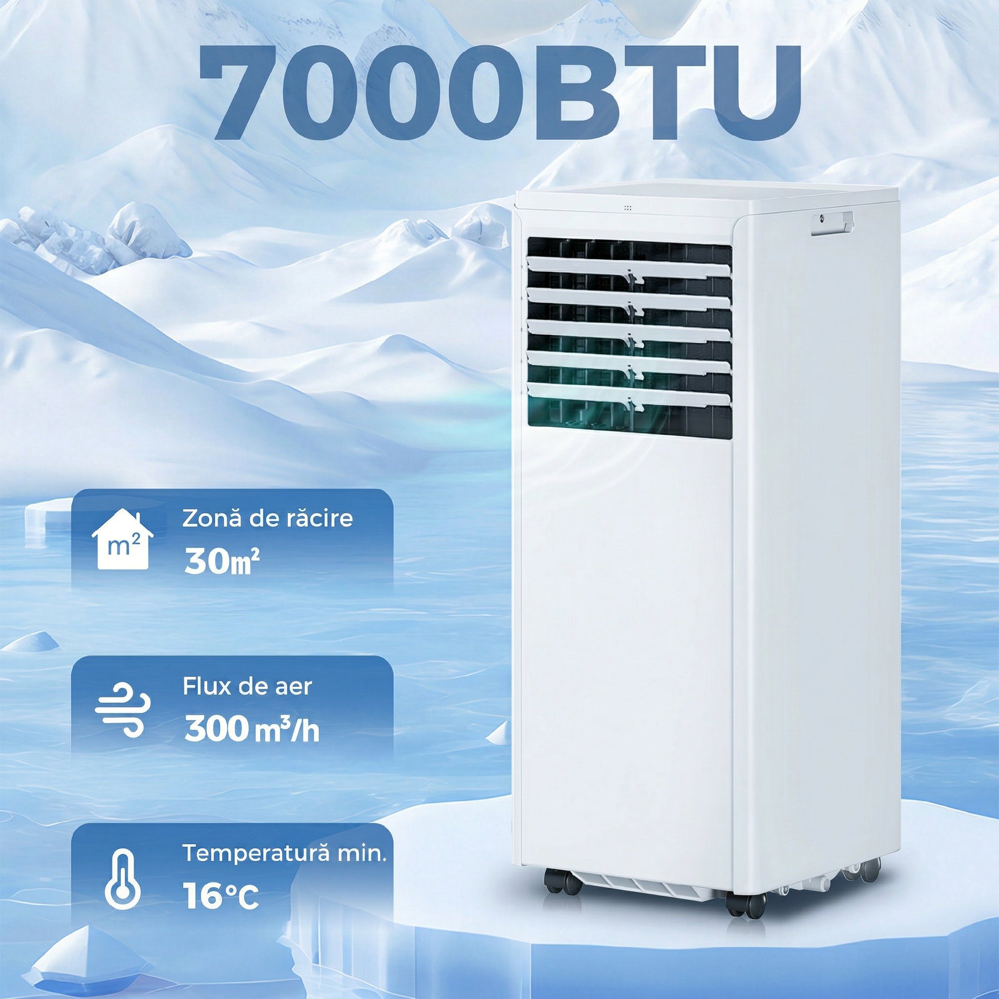  Aparat de Aer Conditionat Portabil 7000 BTU, Unitate 4-in-1 cu Racire, Dezumidificator, Ventilator, Mod Noapte [3]