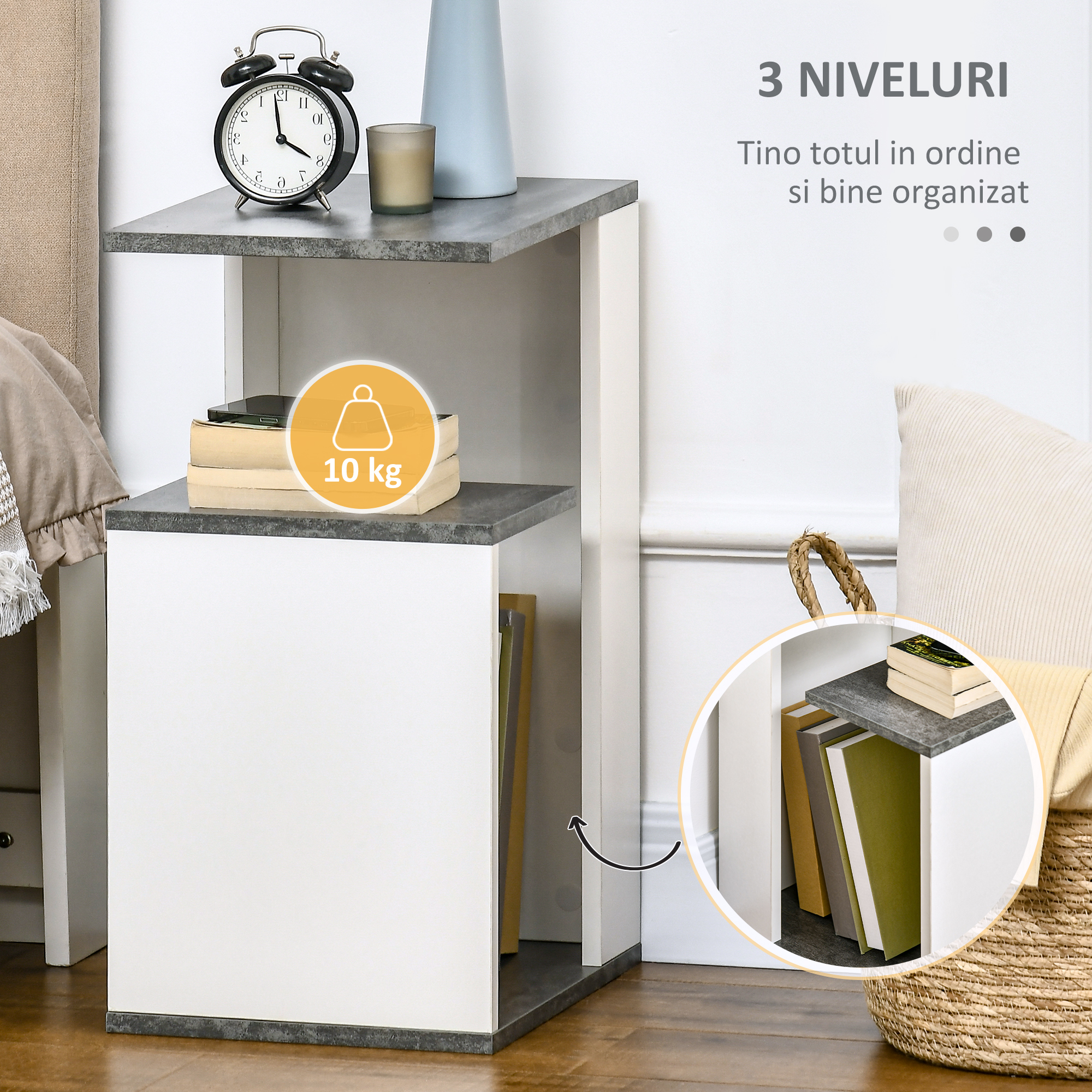  Noptiera cu raft deschis din PAL, noptiera moderna cu design neregulat, 35x29,5x60cm, gri si alb [4]