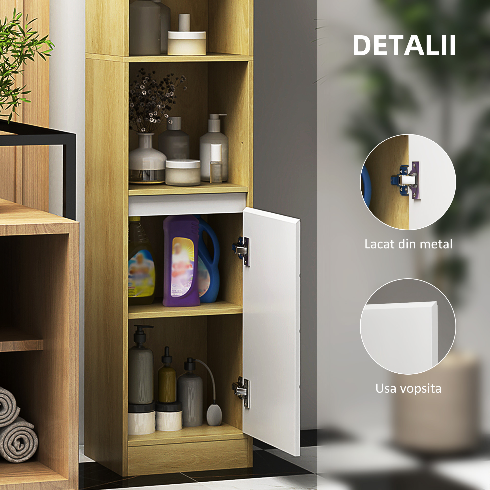  Dulap inalt de Baie Spatios, Mobilier de Baie cu 2 Dulapuri si Rafturi Reglabile, 30x24x170 cm, Lemn Natural [4]