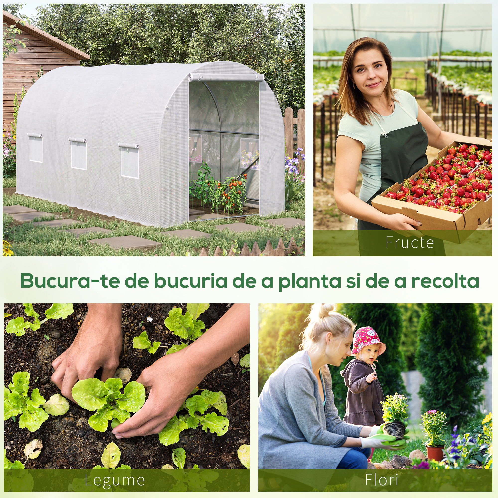  sera gradine3,5 x 2 x 2 m, cadru mare din otel galvanizat, tunel din polietilene pentru gradina,  alb [5]