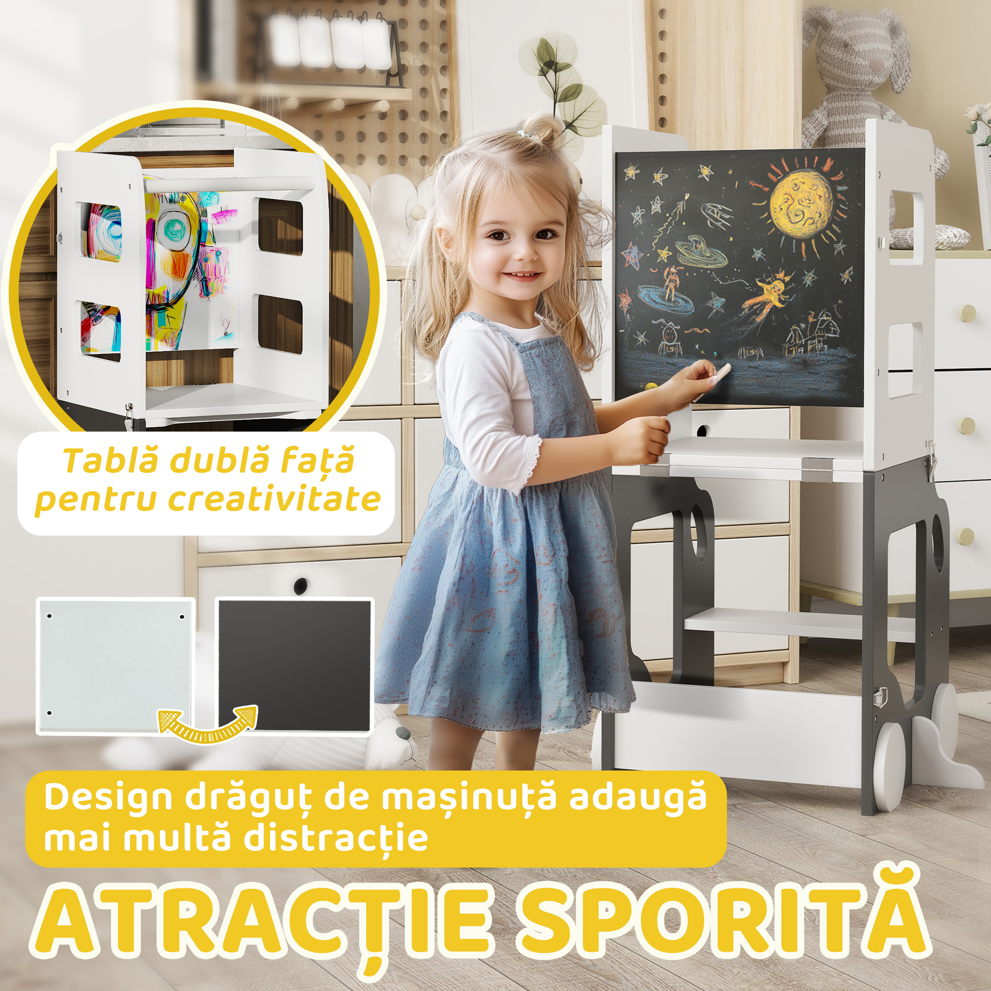  Scara Montessori 4 in 1 pentru Copii cu 2 Table si Set Masa si Scaun, din Lemn, 58x46x92 cm, Alb [6]