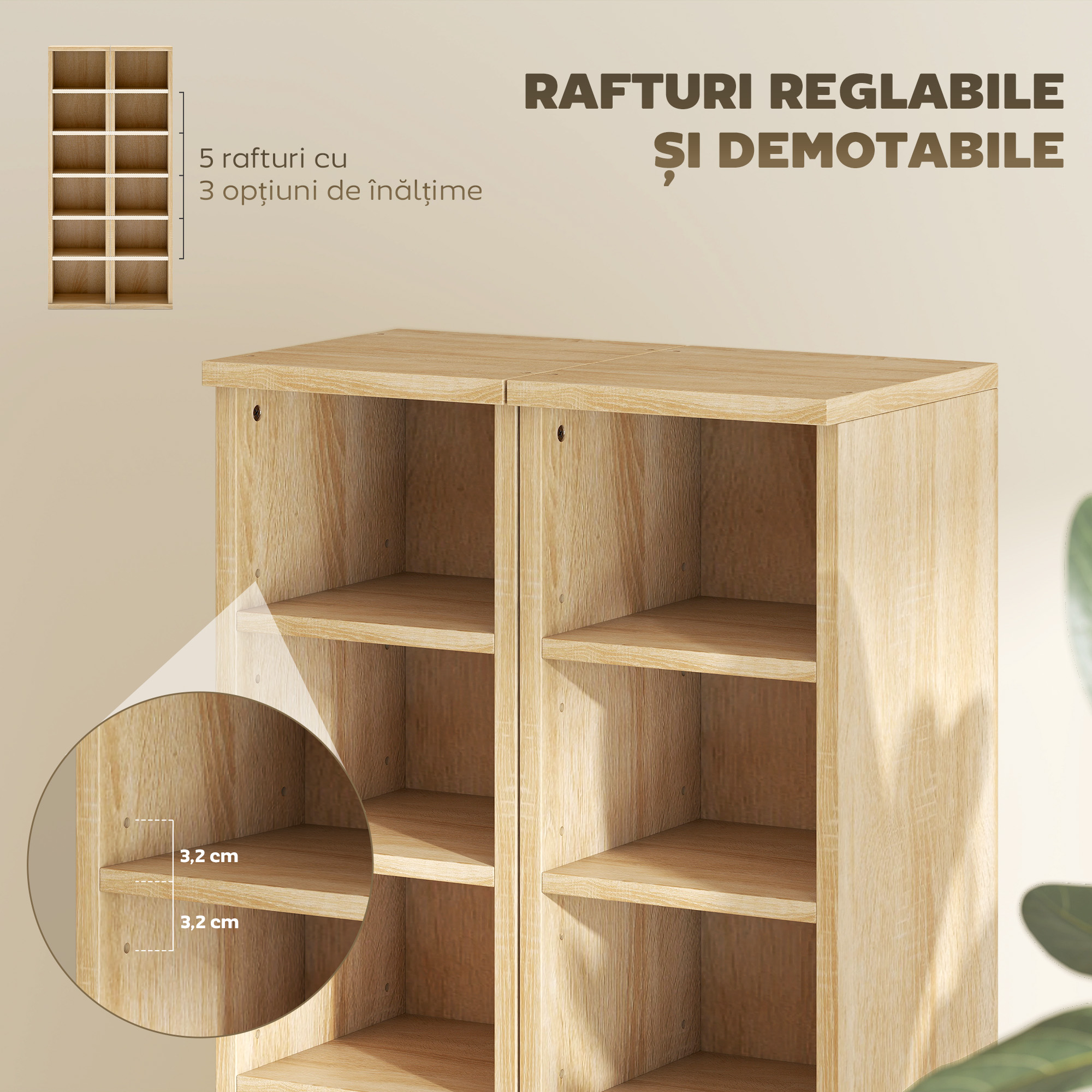  Set de 2 Rafturi pentru CD-uri cu Polite Reglabile, Capacitate 204 CD-uri, Design Compact, 21x22,5x88,5 cm, Stejar [5]