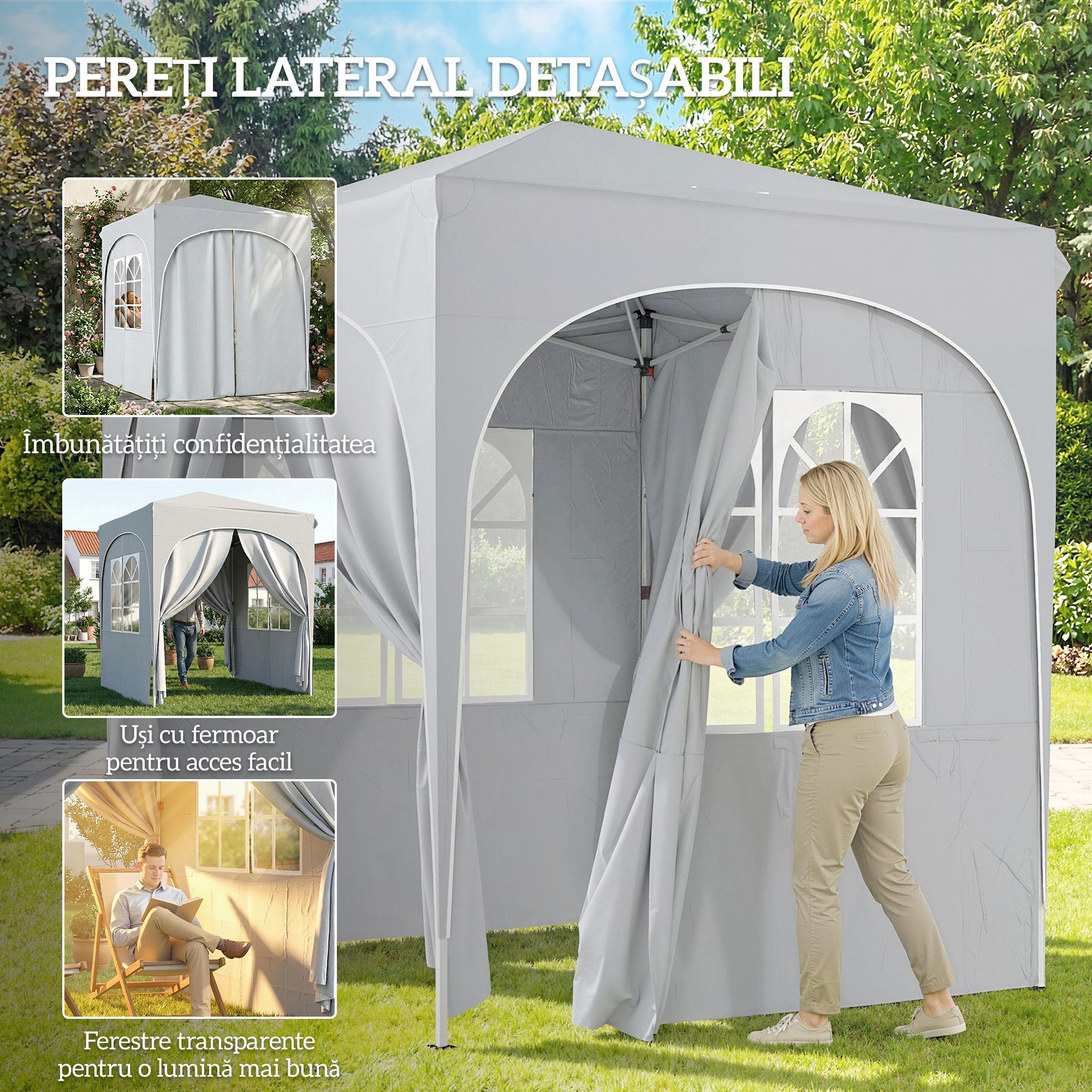  Pavilion pliabil 2x2 m, reglabil, cu 4 pereti laterali, din metal si tesatura Oxford gri deschis [4]