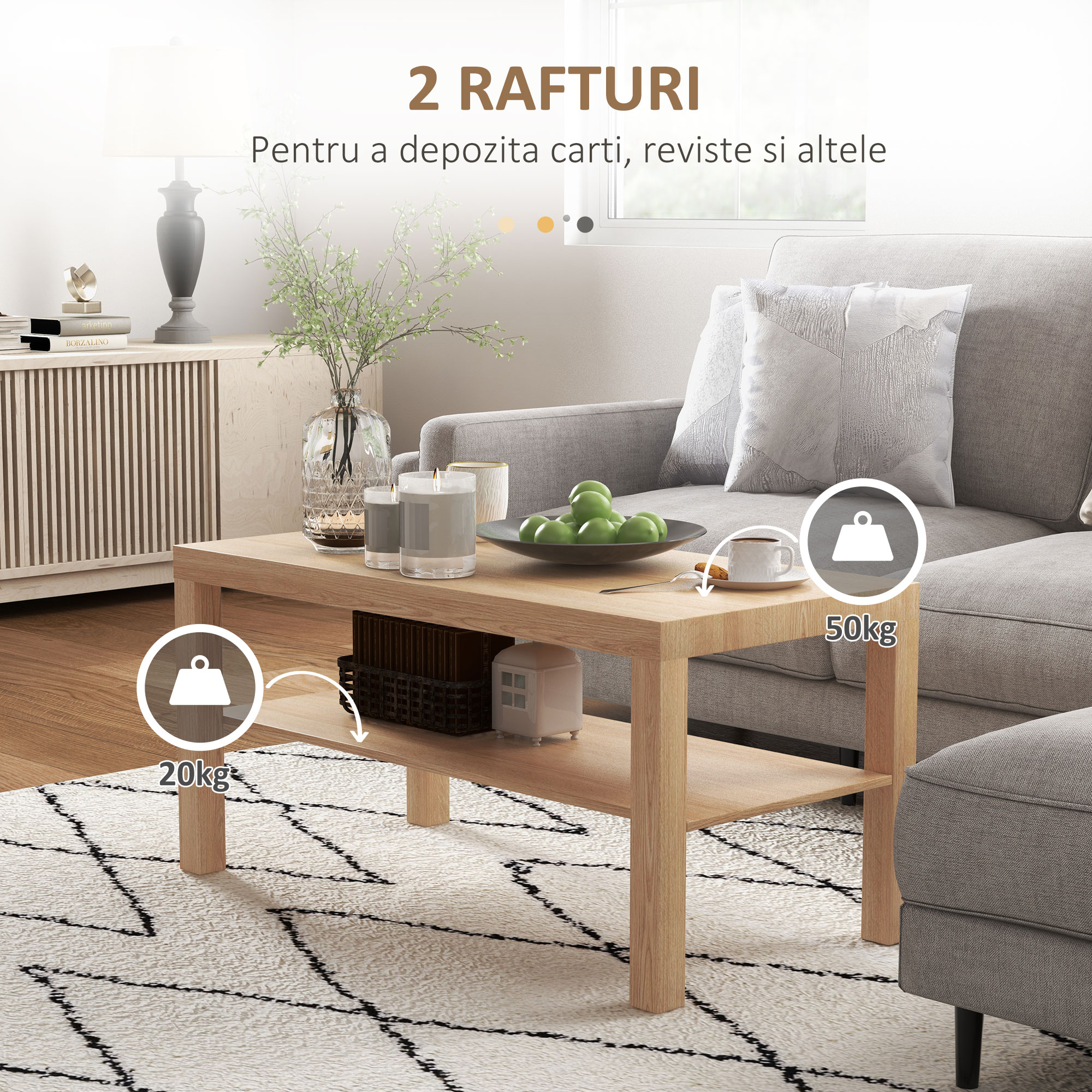  Masuta de Cafea Dreptunghiulara cu Raft 90x45x44.5cm Lemn Natural [4]