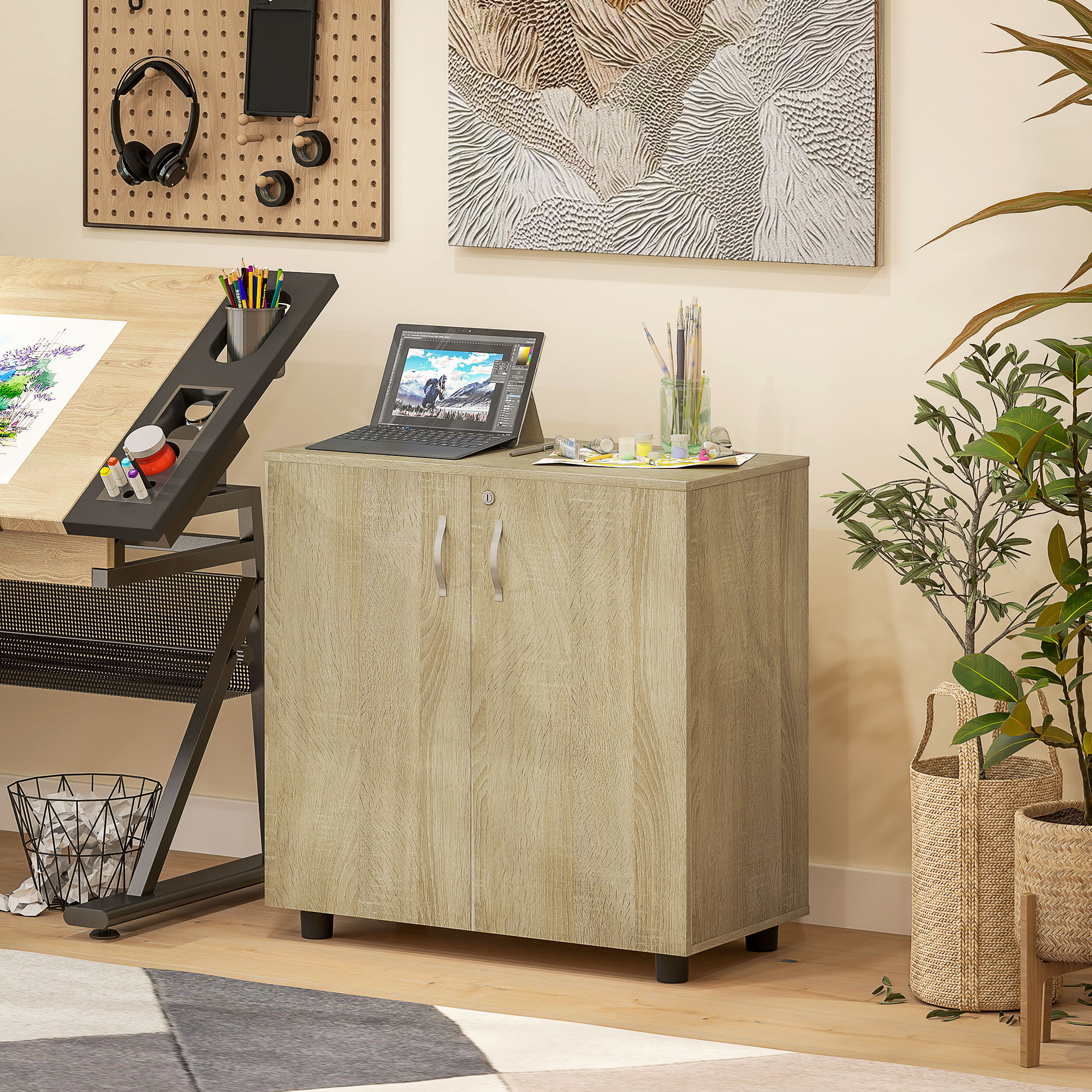  Dulap de birou multifunctional pentru documente cu incuietoare, 2 usi si raft interior, 80x40x80 cm, stejar [6]