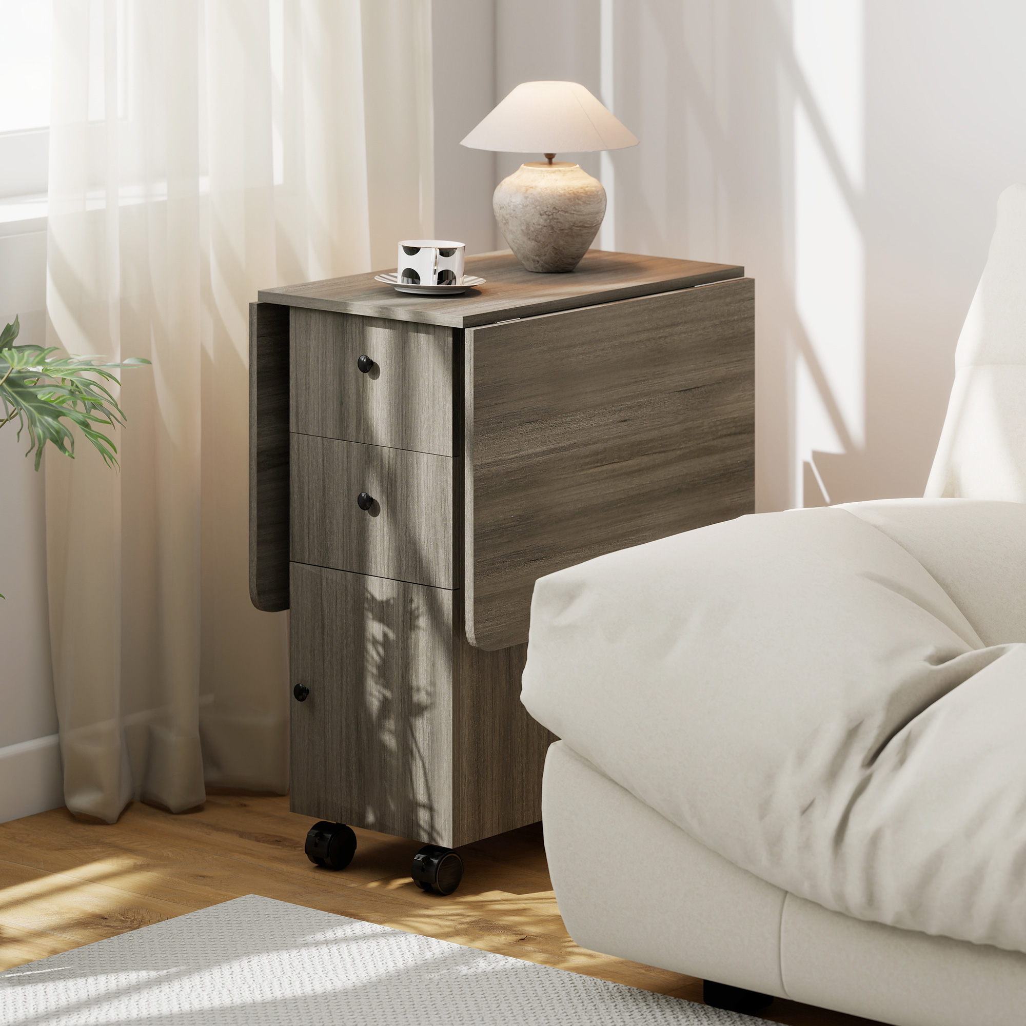  Masa Extensibila pe 6 Roti cu 2 Sertare si Dulap cu Usi, din Lemn, 120x60x76.5 cm, Gri [8]