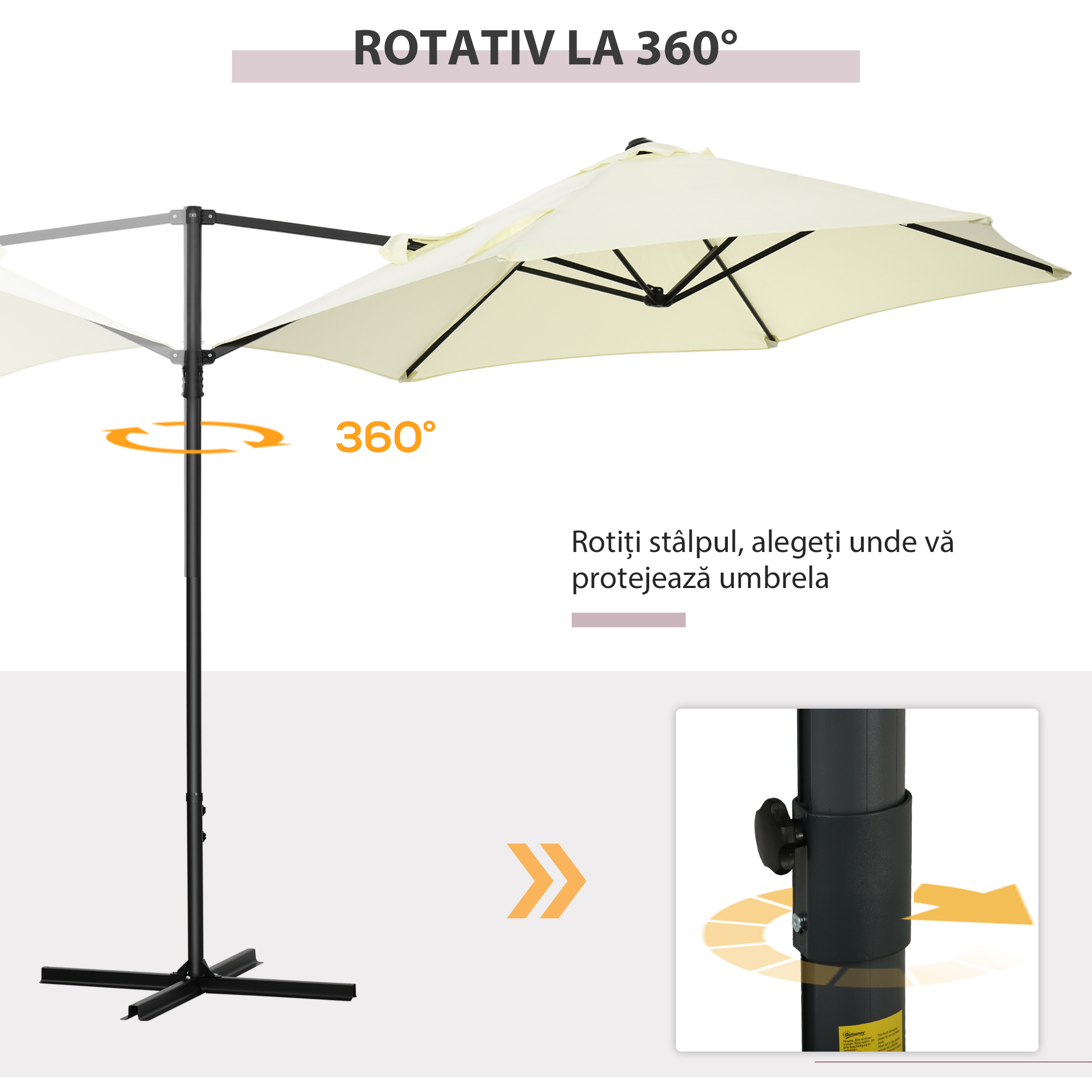  Umbrela de Gradina cu Rotatie la 360°, Brat cu Baza in Cruce si Orificiu de Ventilatie, Ø256x245 cm, Bej [4]