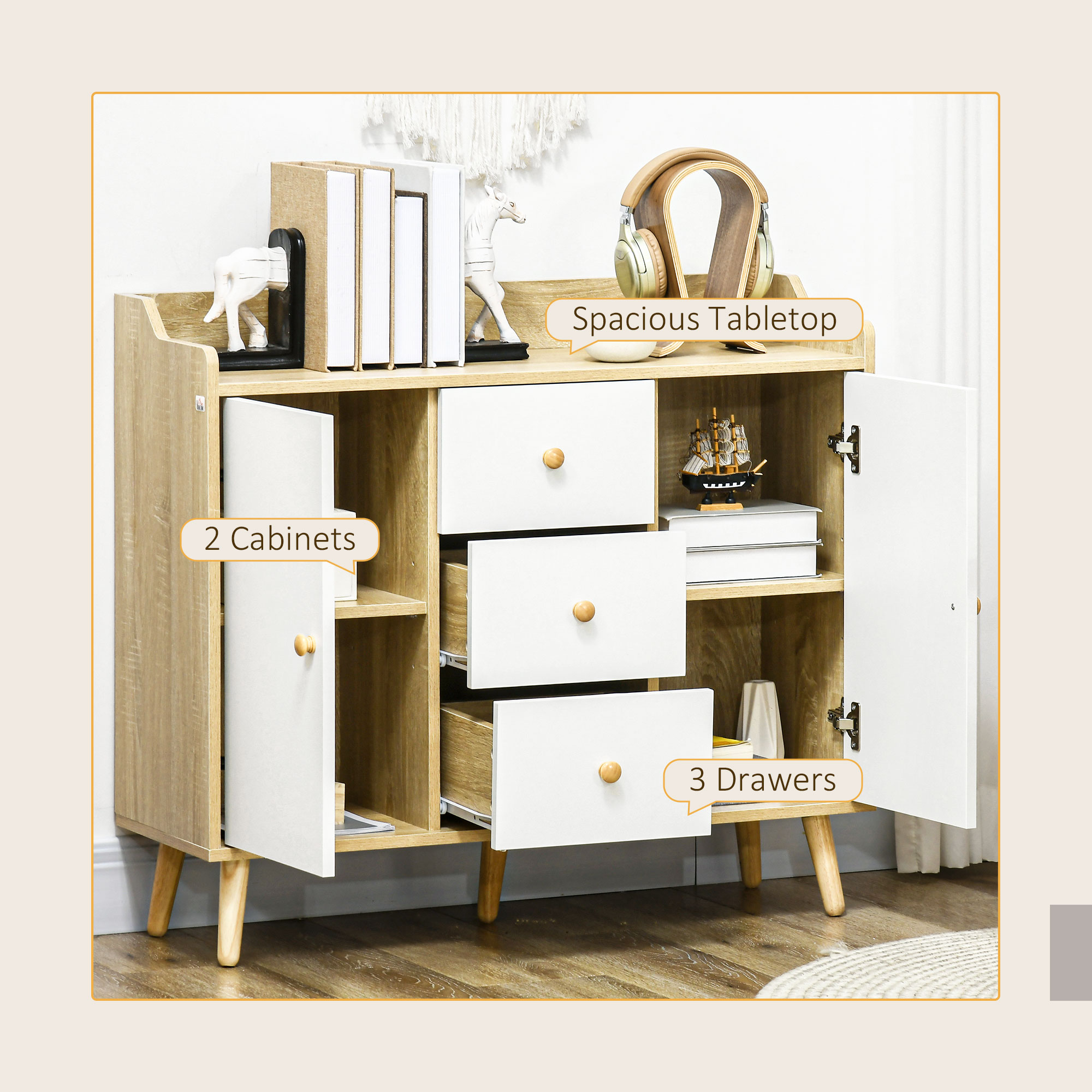  Bufet Modern din PAL si Lemn de di Pin cu 3 Sertare si 2 Dulapioare cu 2 Niveluri, 90x32x80 cm, Alb si Lemn Natur [3]