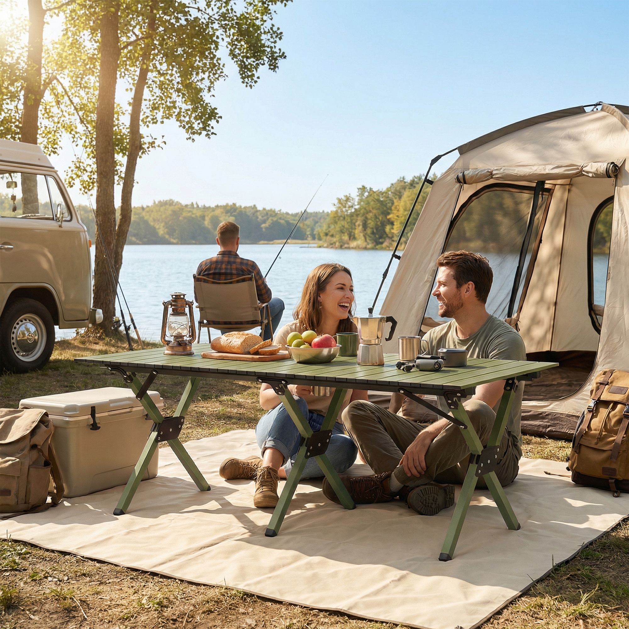  Masa de Camping Pliabila 116 cm, Masa de Picnic Rezistenta la Apa cu Suprafata Rulabila si Cadru Metalic, Verde [6]
