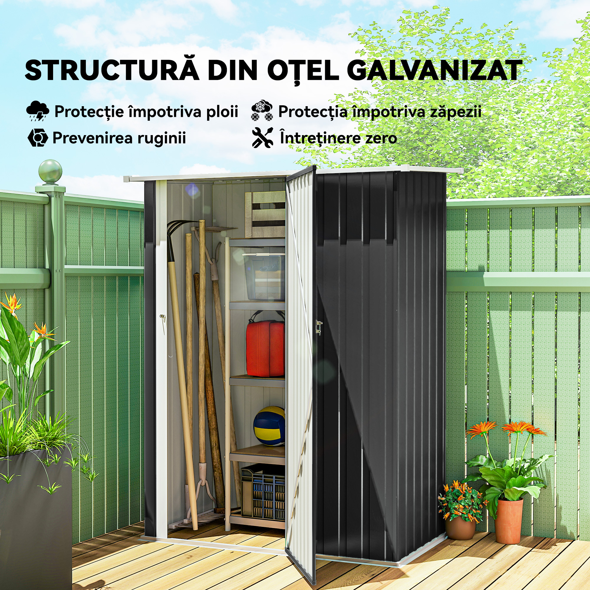  Magazie pentru Unelte din Metal cu Acoperis inclinat si Usa Blocabila, 142x86x189 cm, Gri inchis [3]
