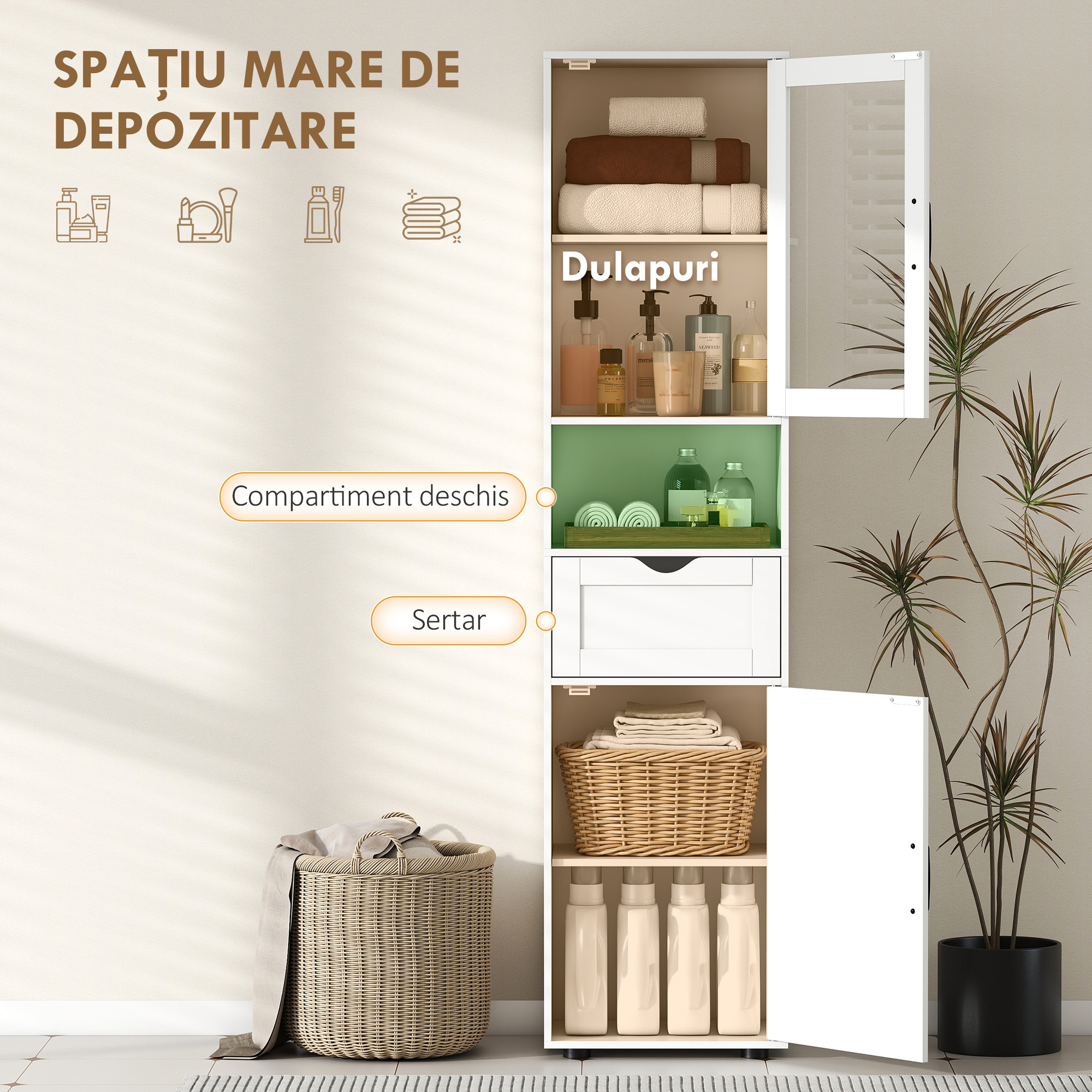  Coloana Baie din Lemn cu 2 Dulapuri, Sertar si Raft Deschis, 40x30x165 cm, Alb [3]