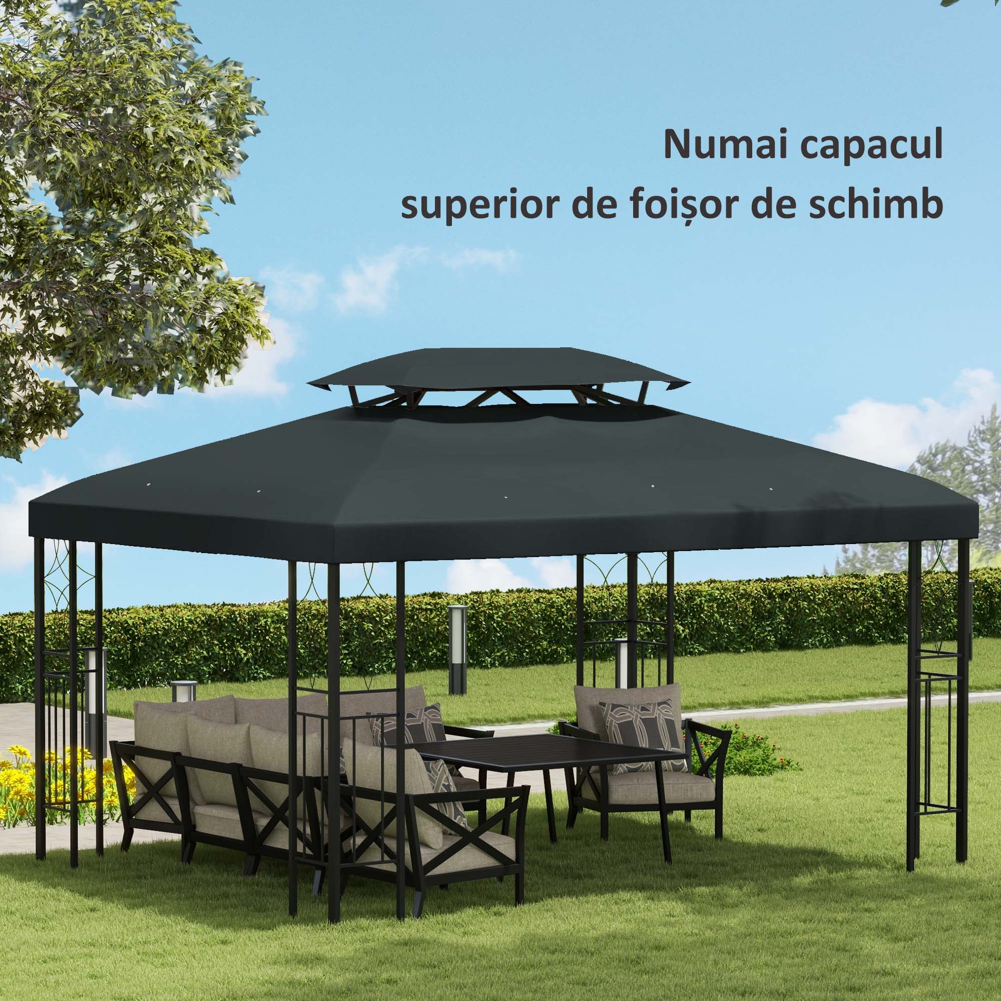  Acoperire pentru Gazebo 4x3 m cu 2 Niveluri din Poliester cu Curele si 10 Orificii de Drenaj, Gri Antracit [6]