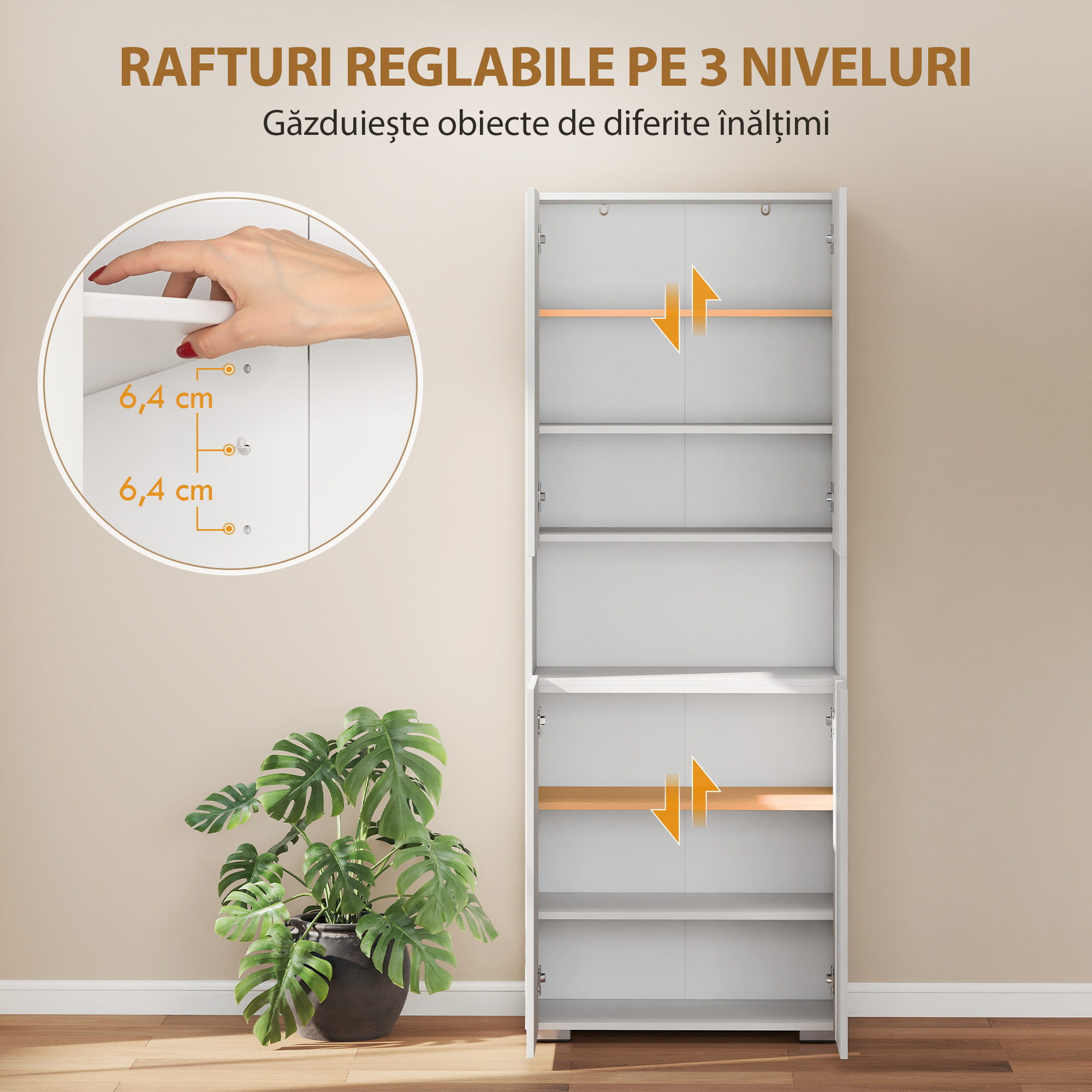  Dulap Bucatarie inalt 180cm, Mobilier Depozitare cu Usi Soft-Close, Raft Deschis, 2 Dulapuri, Rafturi Ajustabile, Stil Modern pentru Sufragerie sau Bucatarie, Alb Lucios [5]
