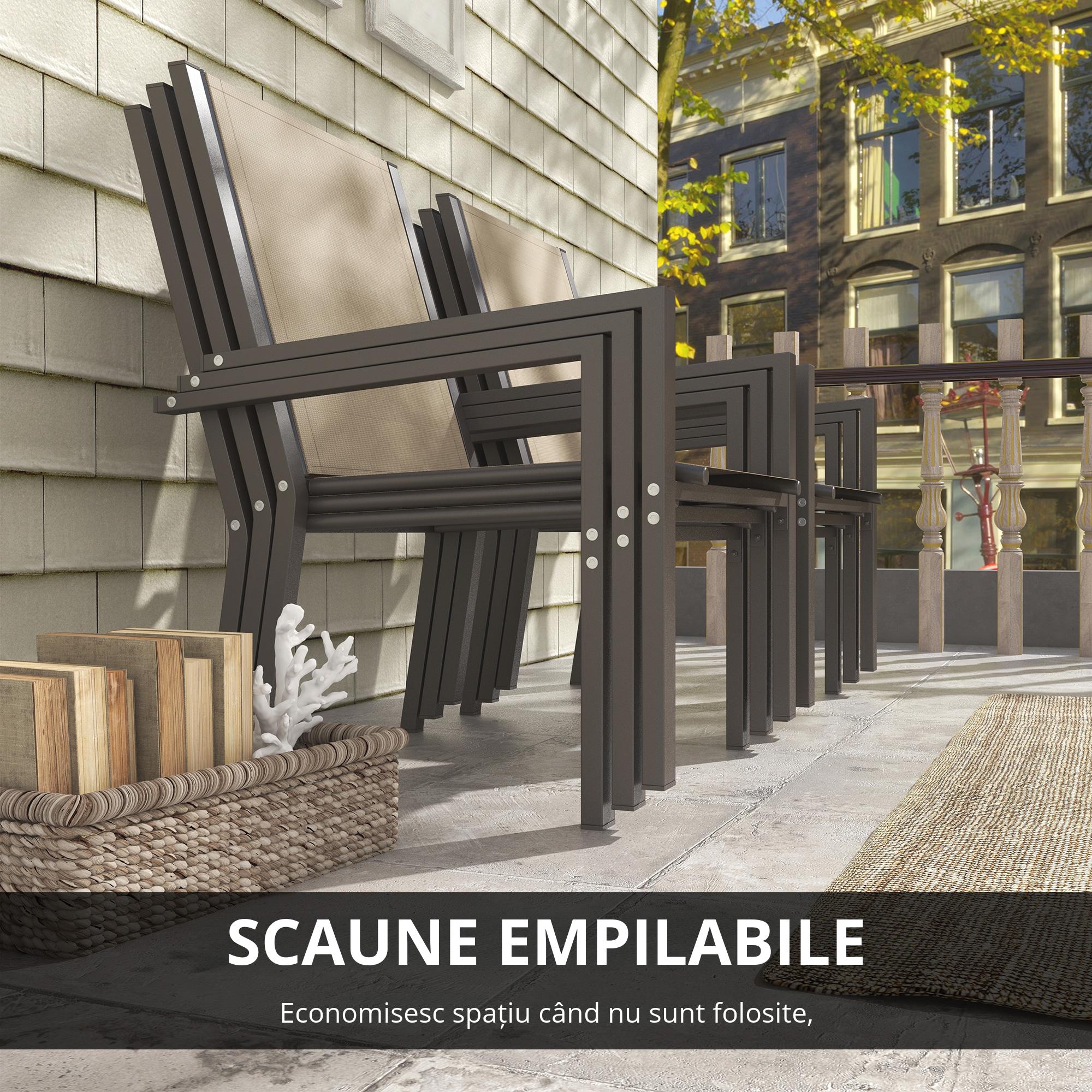  Set de Gradina din 7 Piese cu Masa din Plastic-Lemn si 6 Fotolii Stivuibile cu sezut si Spatar, 150x90x73 cm, Maro [6]