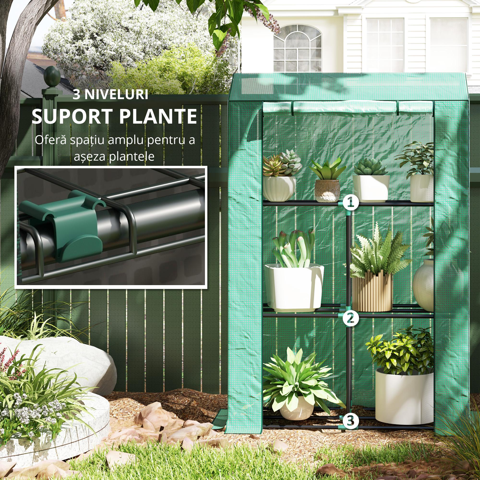  Sera Mini cu 3 Niveluri, Copertina din PE cu Armatura si Usa Rulabila, 100x40x150 cm, Verde [5]