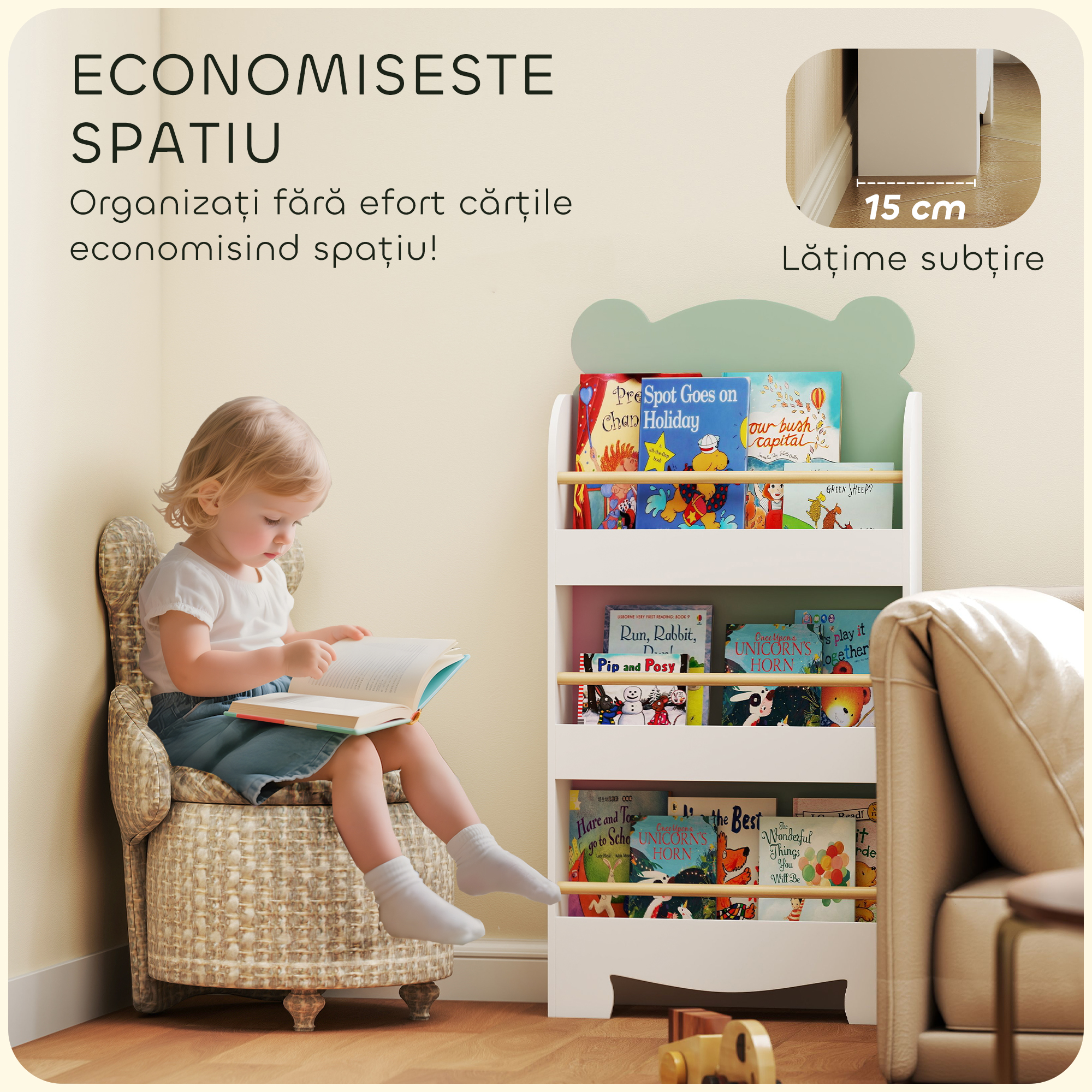  Biblioteca Copii 3 Rafturi in Forma de Ursulet 55x15x110 cm, Verde [5]