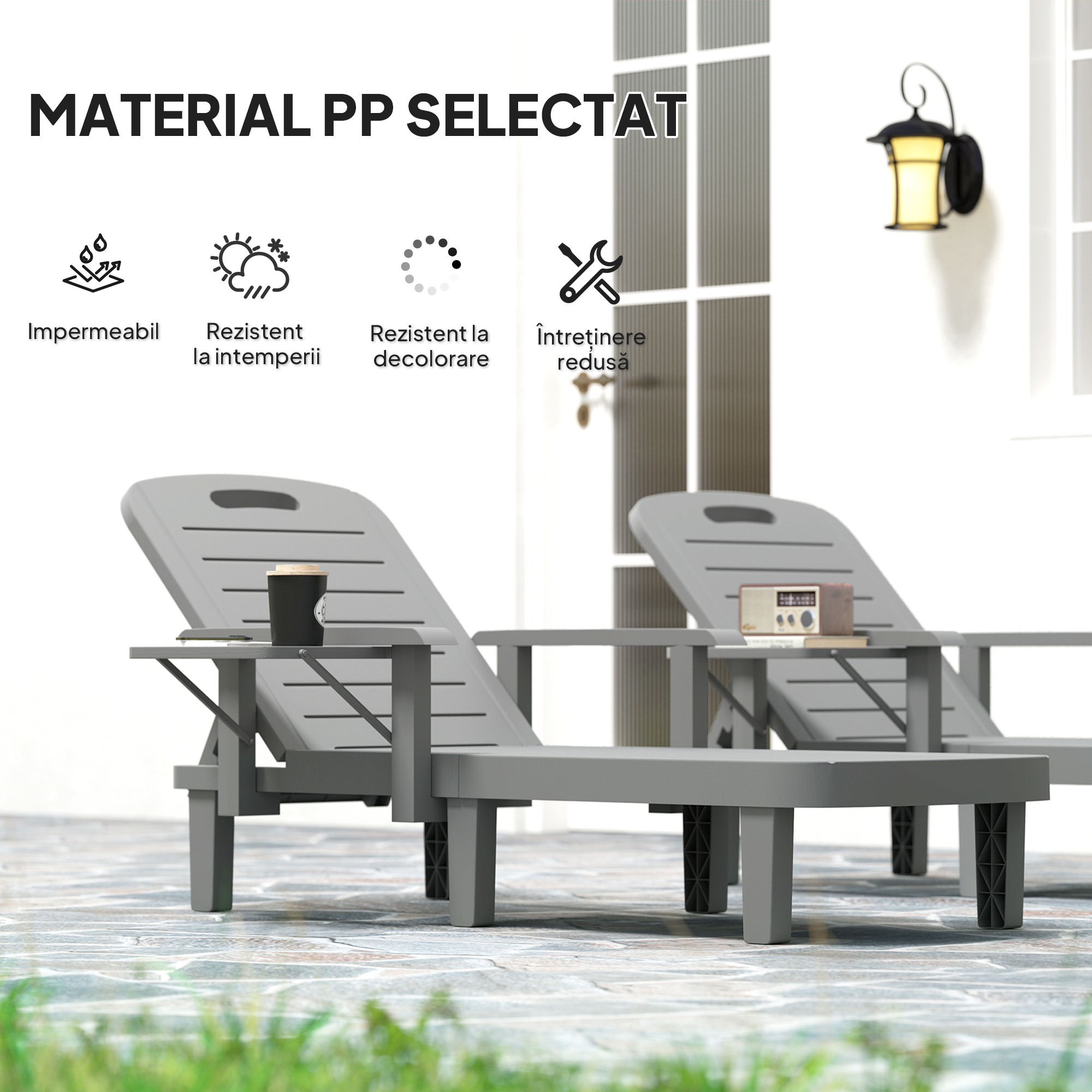  Set 2 sezlonguri cu Spatar Reglabil in 5 Pozitii, Masuta si Brate Ergonomice, 79x158x88 cm, Gri [5]