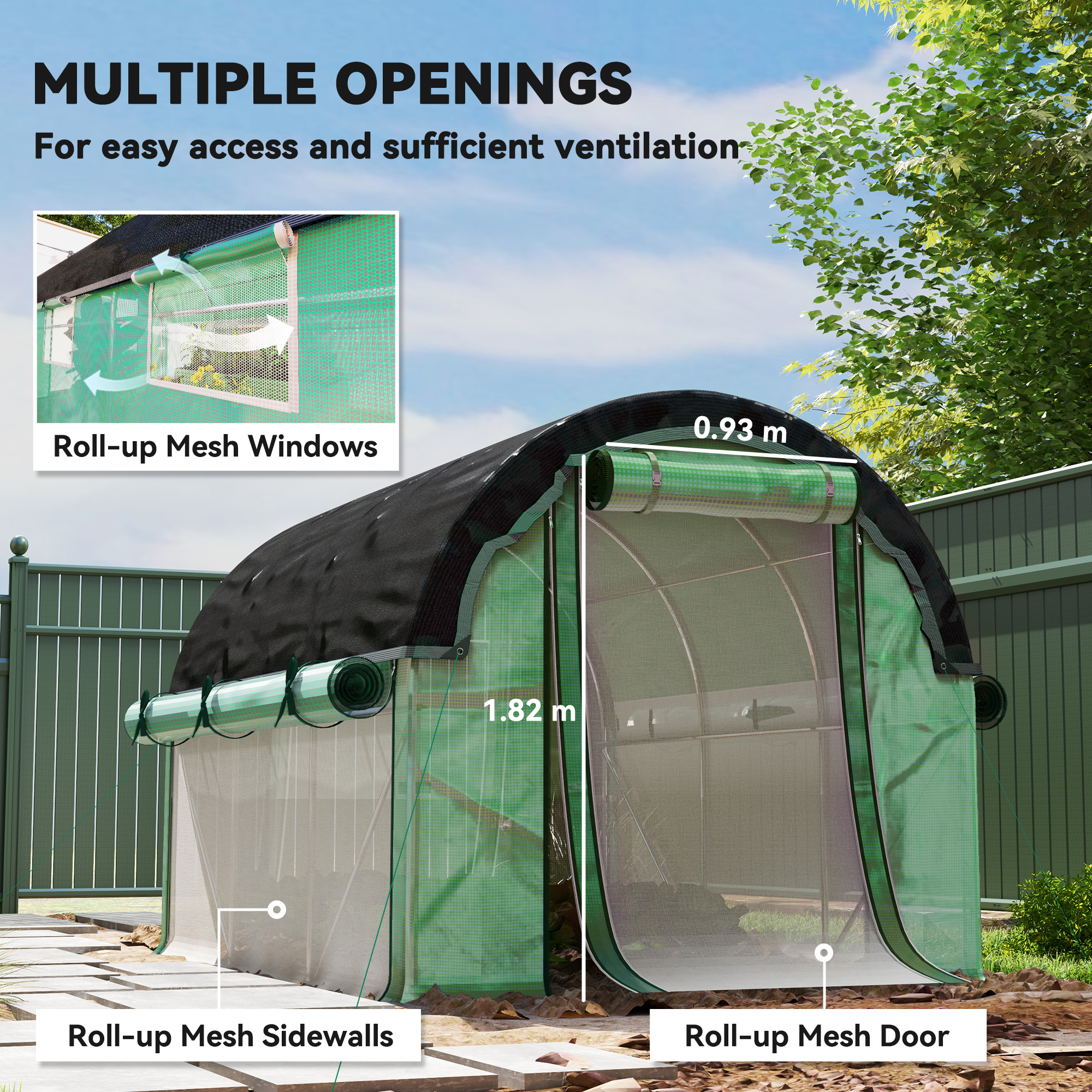  Sera de Gradina Tip Tunel 3x2x2 m cu Plasa de Umbrire, Sera pentru Gradina 6 Ferestre, 2 Usi si Pereti Laterali Rulabili, Structura din Otel si Acoperis PE, pentru Legume si Flori, Verde [4]