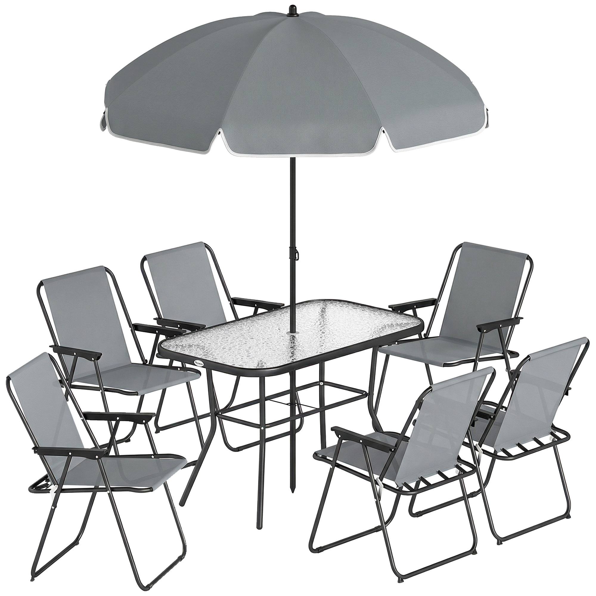 Gradina & balcon -  Set de Masa de Gradina 8 Piese cu Umbrela, Set Mobilier Gradina cu 6 Scaune Pliabile, Masa din Sticla Temperata si Umbrela pentru Terasa, Gri