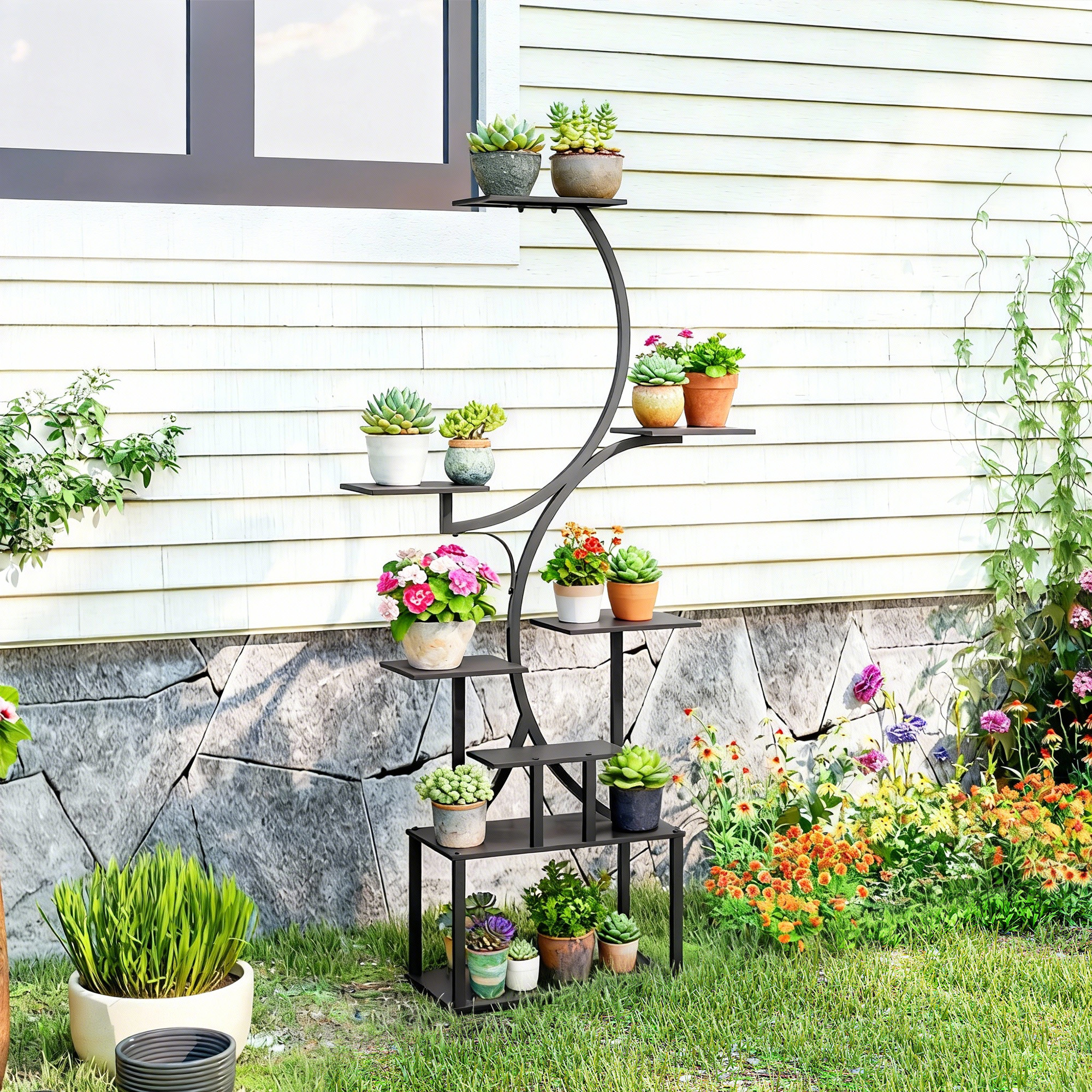  Suport pentru Plante cu 8 Niveluri in Forma de S, Suport Ghivece din Metal pentru Interior si Exterior, pentru Gradina, Balcon, Terasa, Camera de Zi, 74x26x158.5 cm, Negru [6]