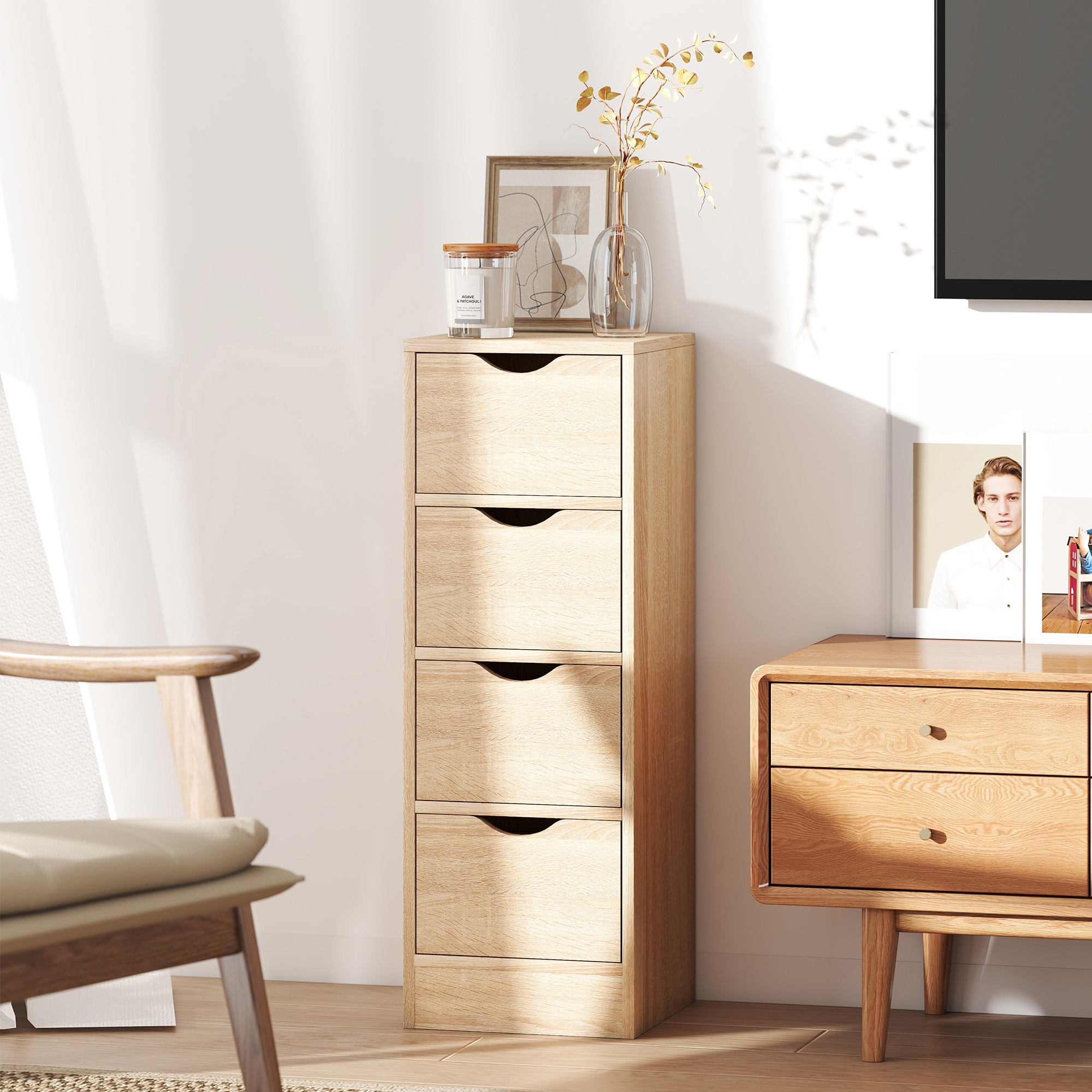  Dulap de Baie Economisitor de Spatiu cu 4 Sertare si Manere Sculptate Stil Nordico, 29x29x83 cm, Lemn Natural [8]