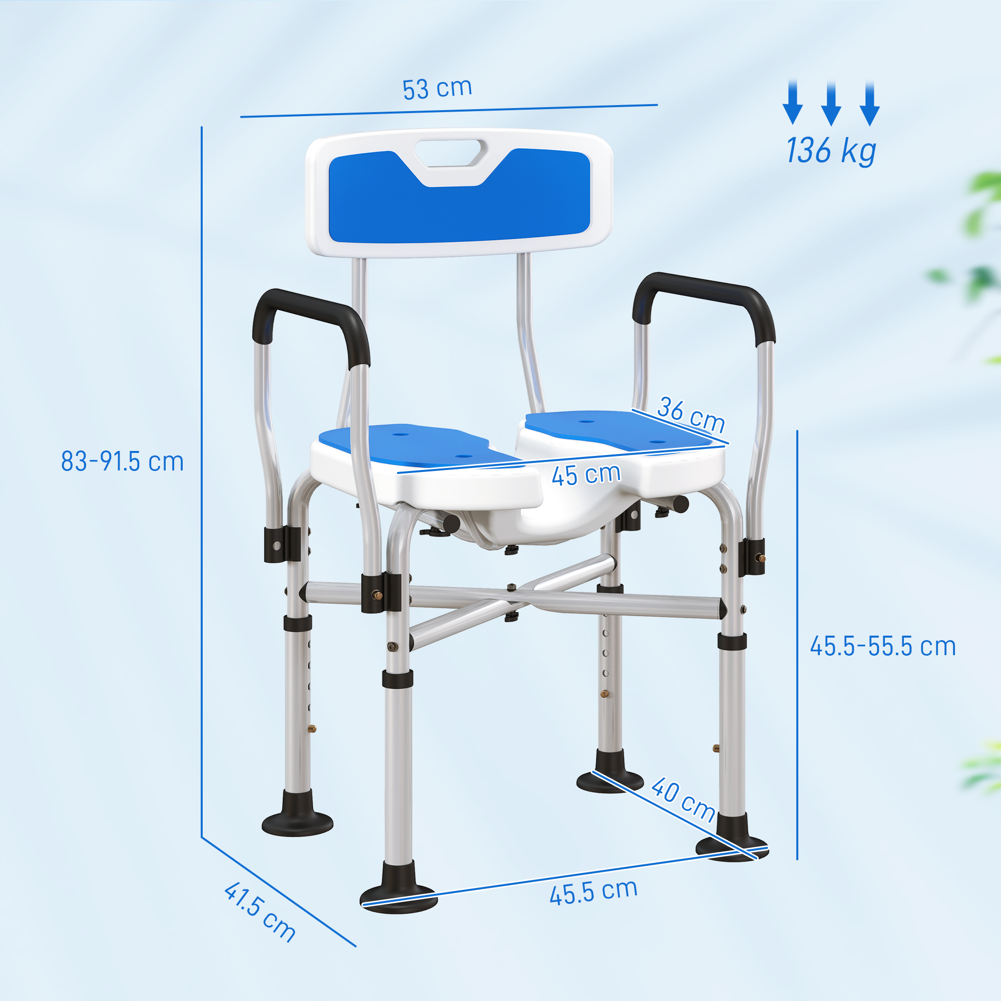  Scaun de Dus cu Spatar, Brate, sezut Canelatat, Bare de Ranforsare si inaltime Reglabila, 53x41,5x78,5-91,5 cm, Albastru [2]