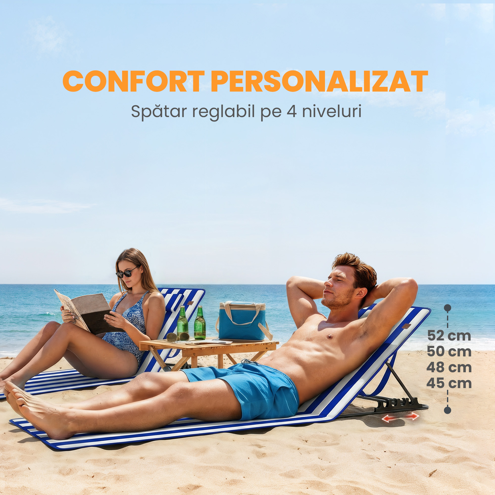 Set 2 Saltele de Plaja cu Spatar Reglabil pe 4 Nivele, din Otel si Poliester, 154x57x52 cm, Albastru si Alb [3]