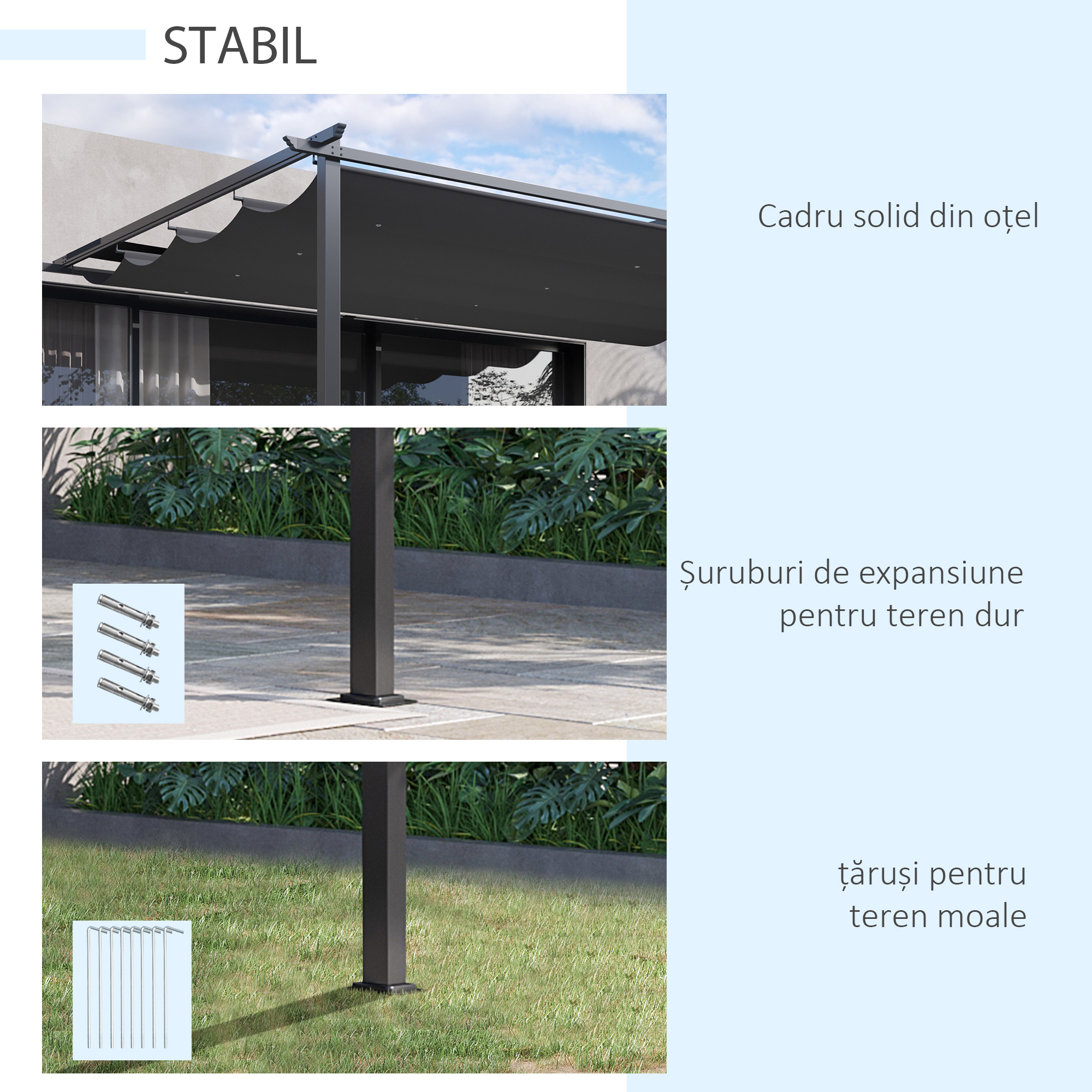  Foisor tip pergola din otel si poliester cu acoperis de protectie culisant, suruburi si carlige incluse, 390x290x220 cm, gri [5]
