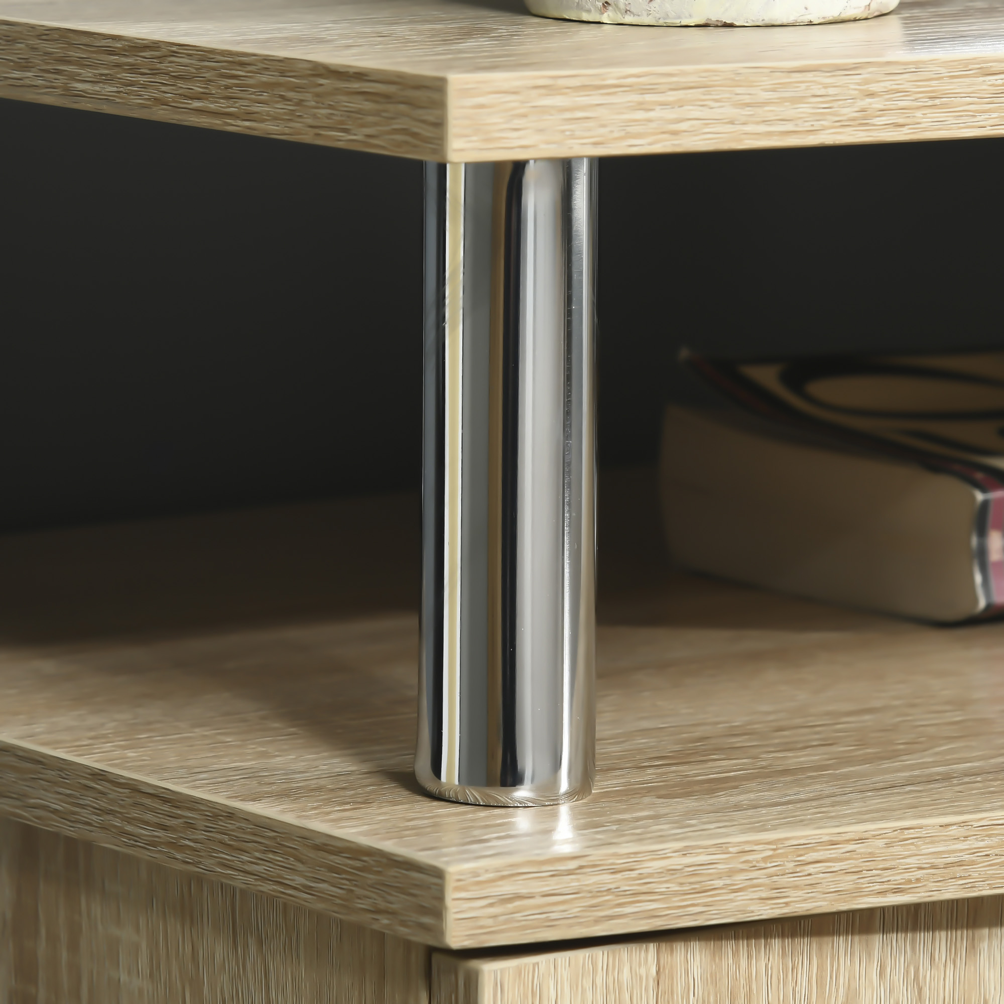  Mobilier TV Modern cu 2 Rafturi, Gauri cablu si 2 Dulapioare in PAL 105x40x55cm Stejar [6]