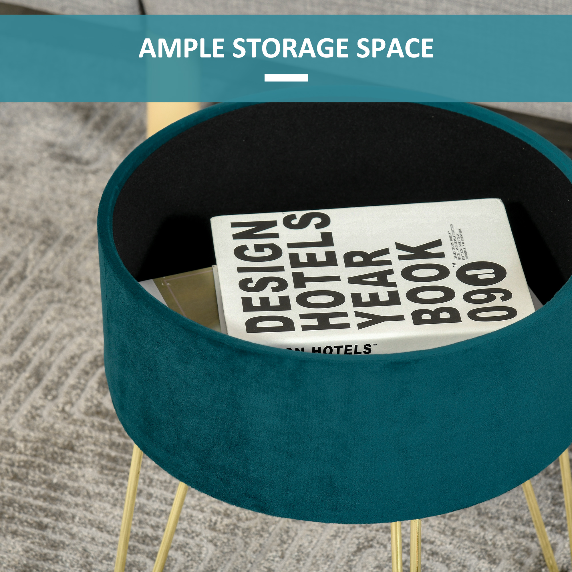  Scaun Rotund cu Compartiment de Depozitare din Catifea Verde si Auriu 36x36x45cm [6]